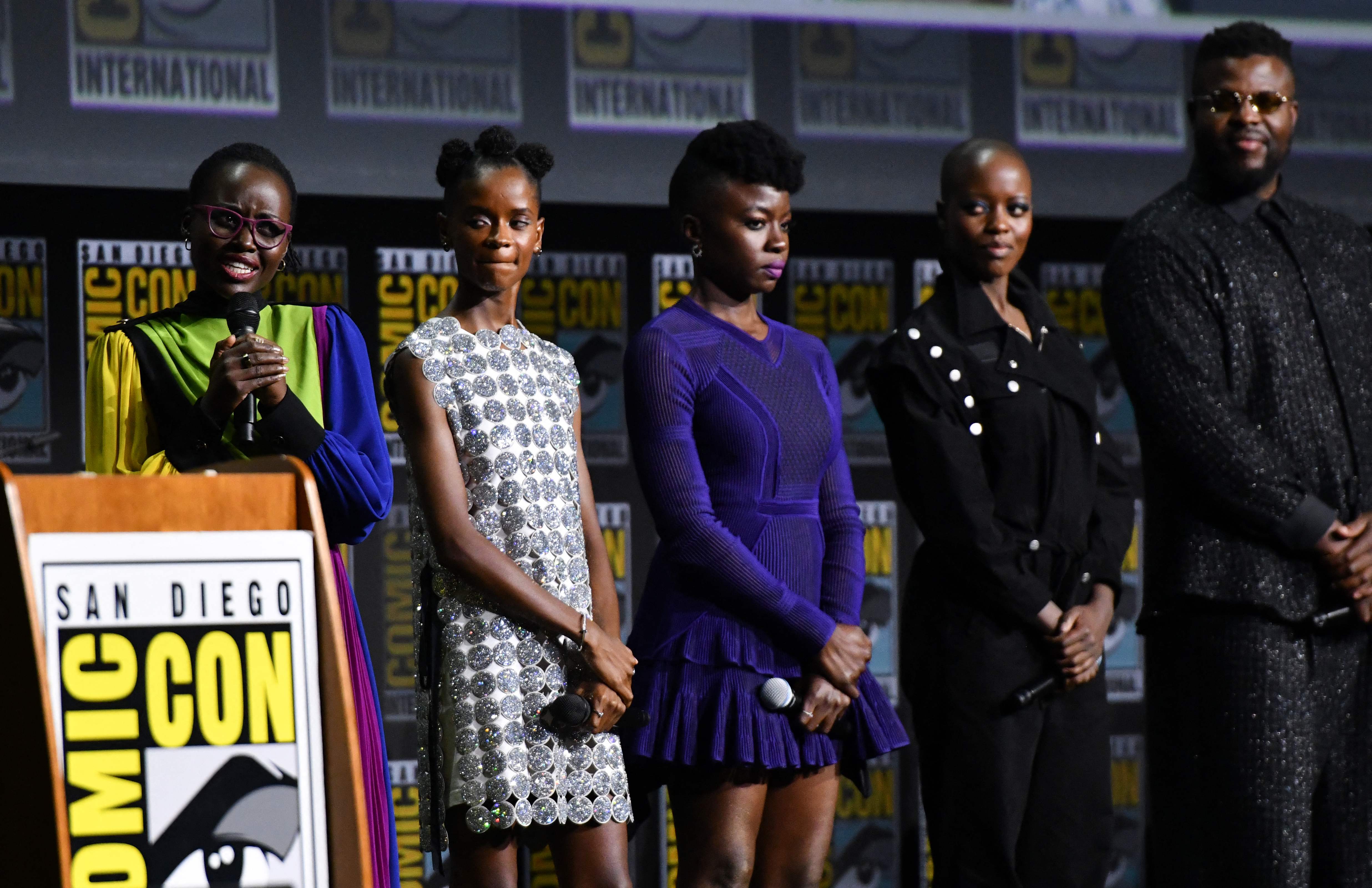 Para bintang sekuel film Black Panther, Wakanda Forever, saat berbicara di Comic Con, San Diego, AS.