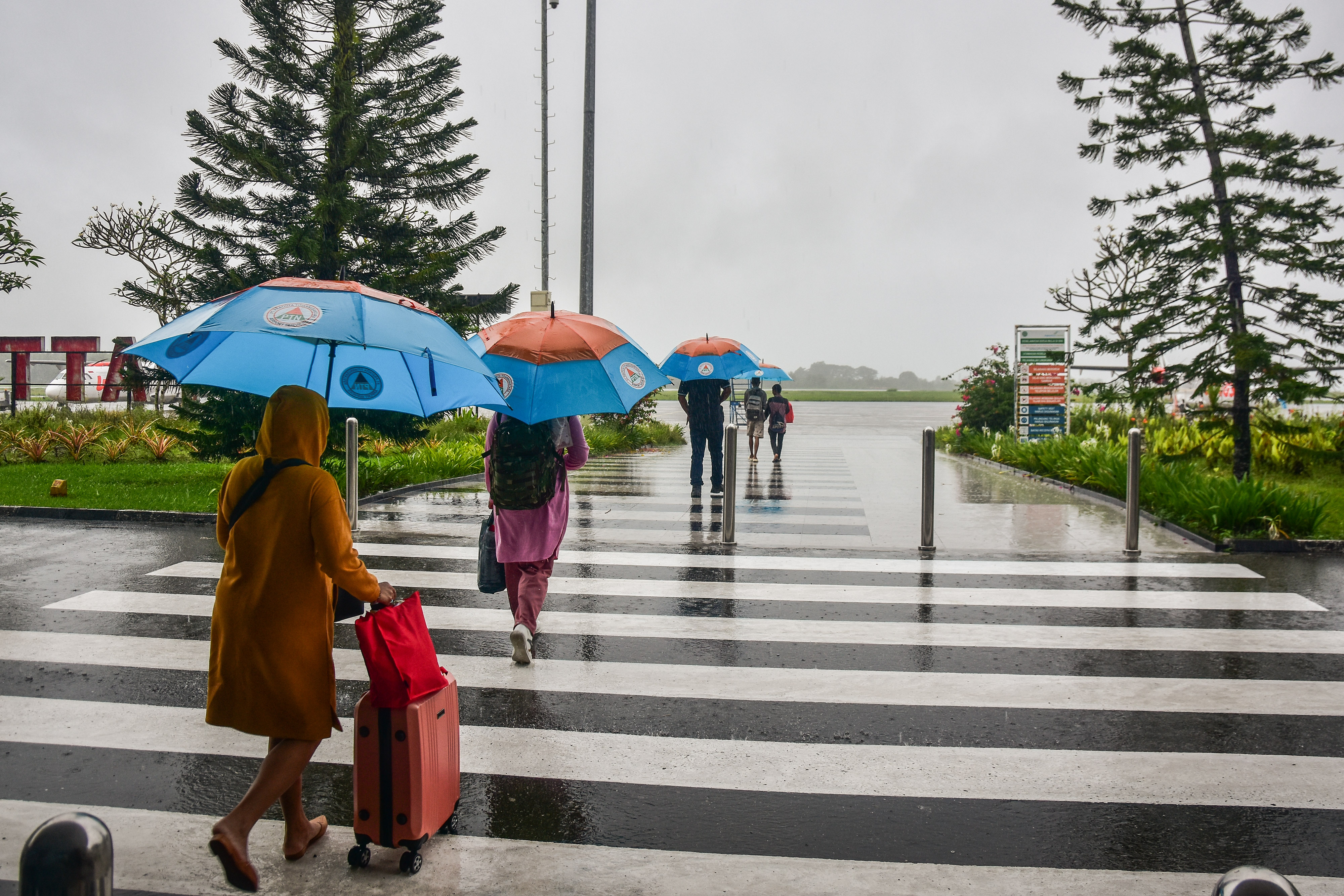 Sejumlah penumpang pesawat memakai payung untuk menuju ke pesawat saat hujan di Bandara Pattimura, Kota Ambon, Maluku, Senin (11/7/2022)
