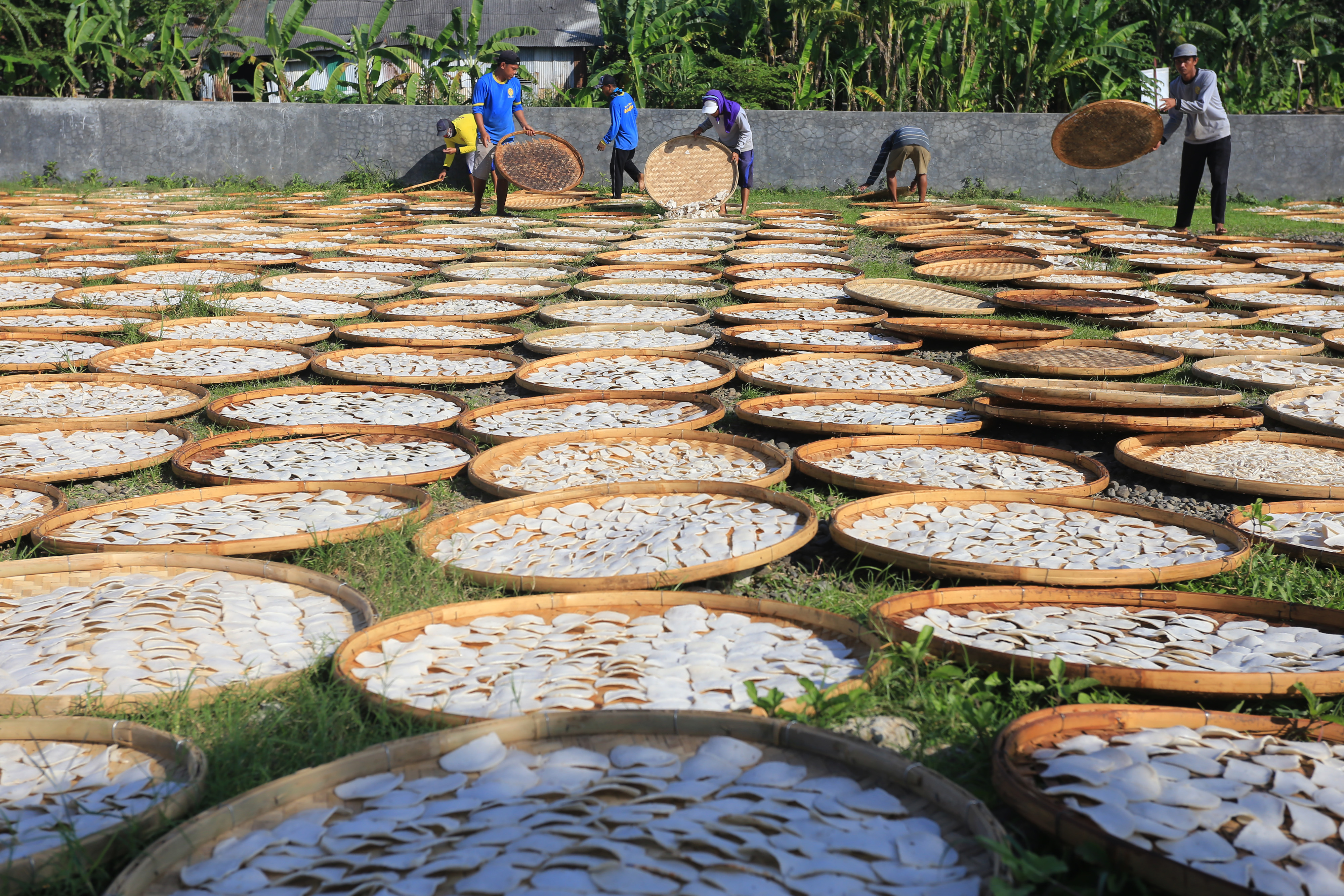 Pekerja menjemur kerupuk. Salah satu unit UMKM di wilayah Indramayu