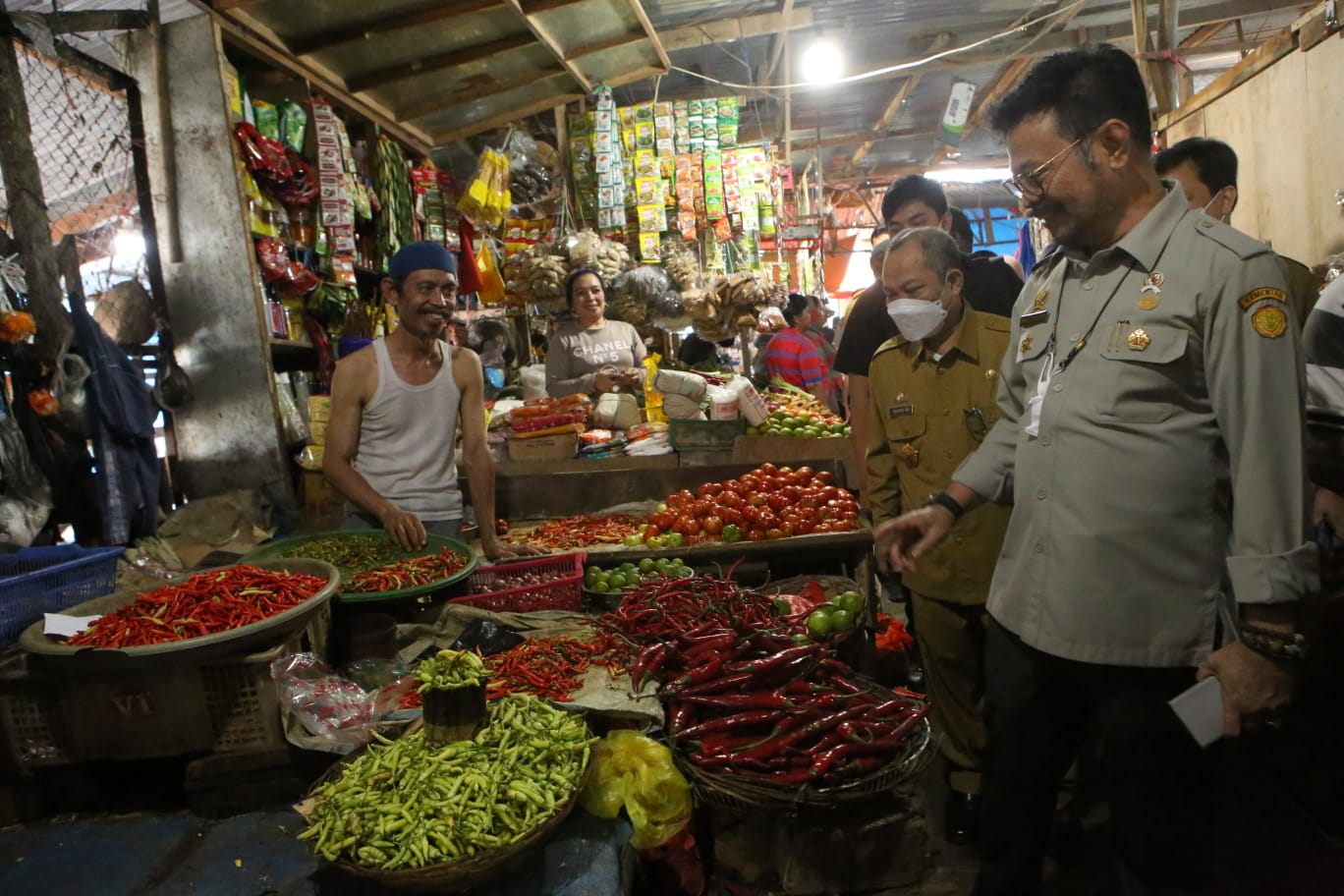 Menteri Pertanian Syahrul Yasin Limpo mengecek harga cabai di Pasar Pabaeng-baeng, Kota Makassar, Sulawesi Selatan.