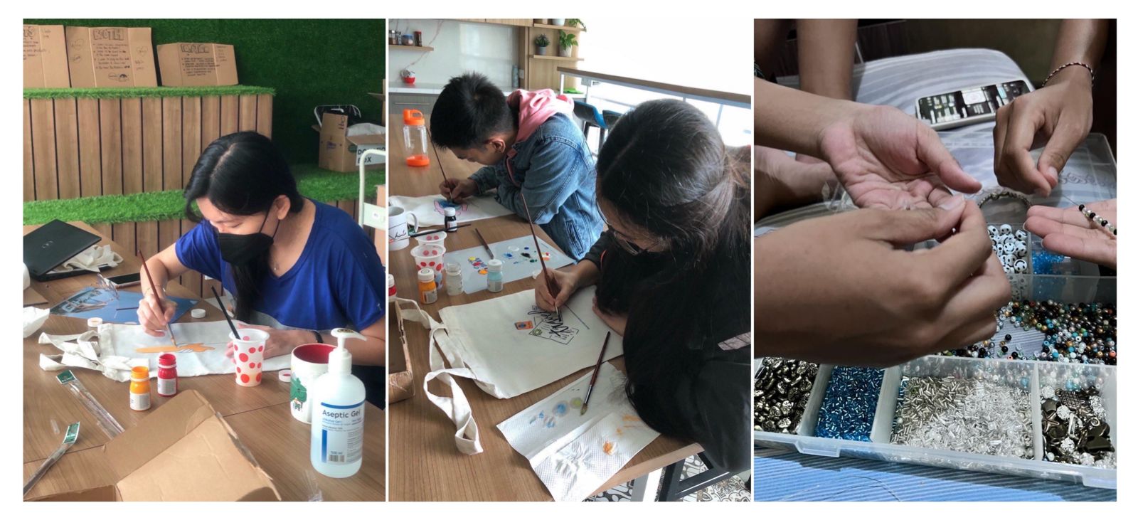 Aktivitas karyawan trip.com yang membuat berbagai kerjinan tangan yang akan dijual di acara pop-up di Samasta, Bali.