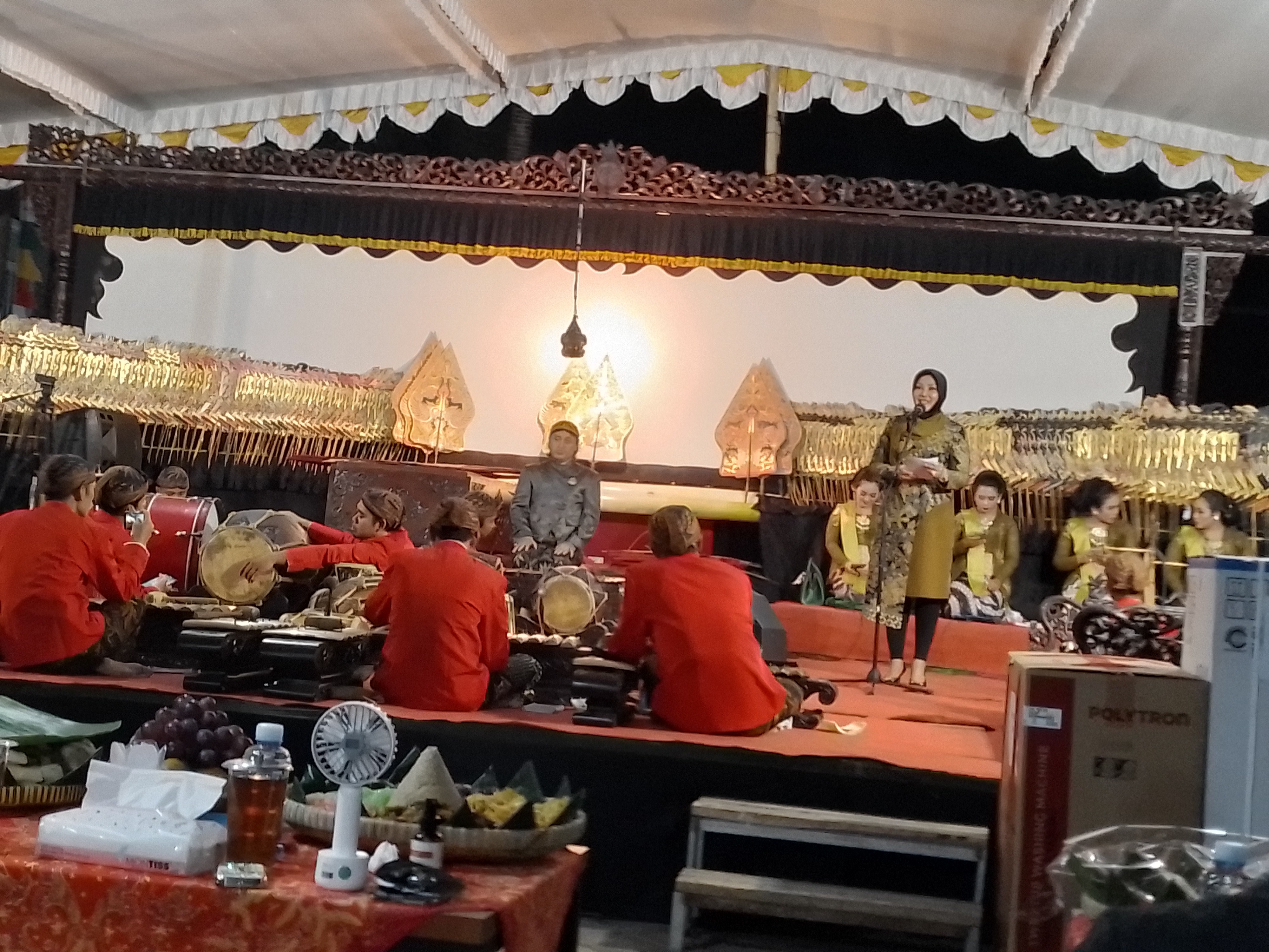  Pergelaran wayang kulit di Balai Desa Nglinggi, Klaten Selatan, Jawa Tengah, Senin (15/8) malam.