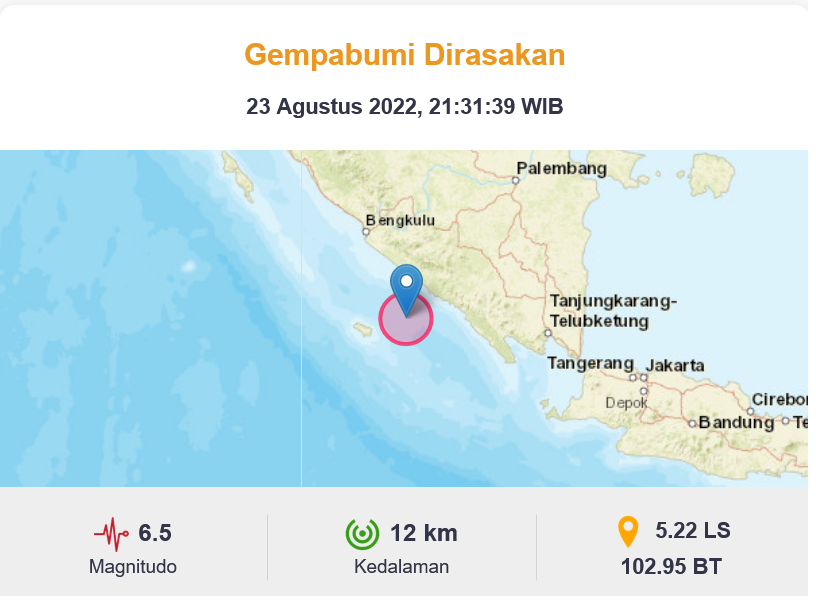 Lokasi gempa Bengkulu M6,5 pada Selasa (23/8), malam.