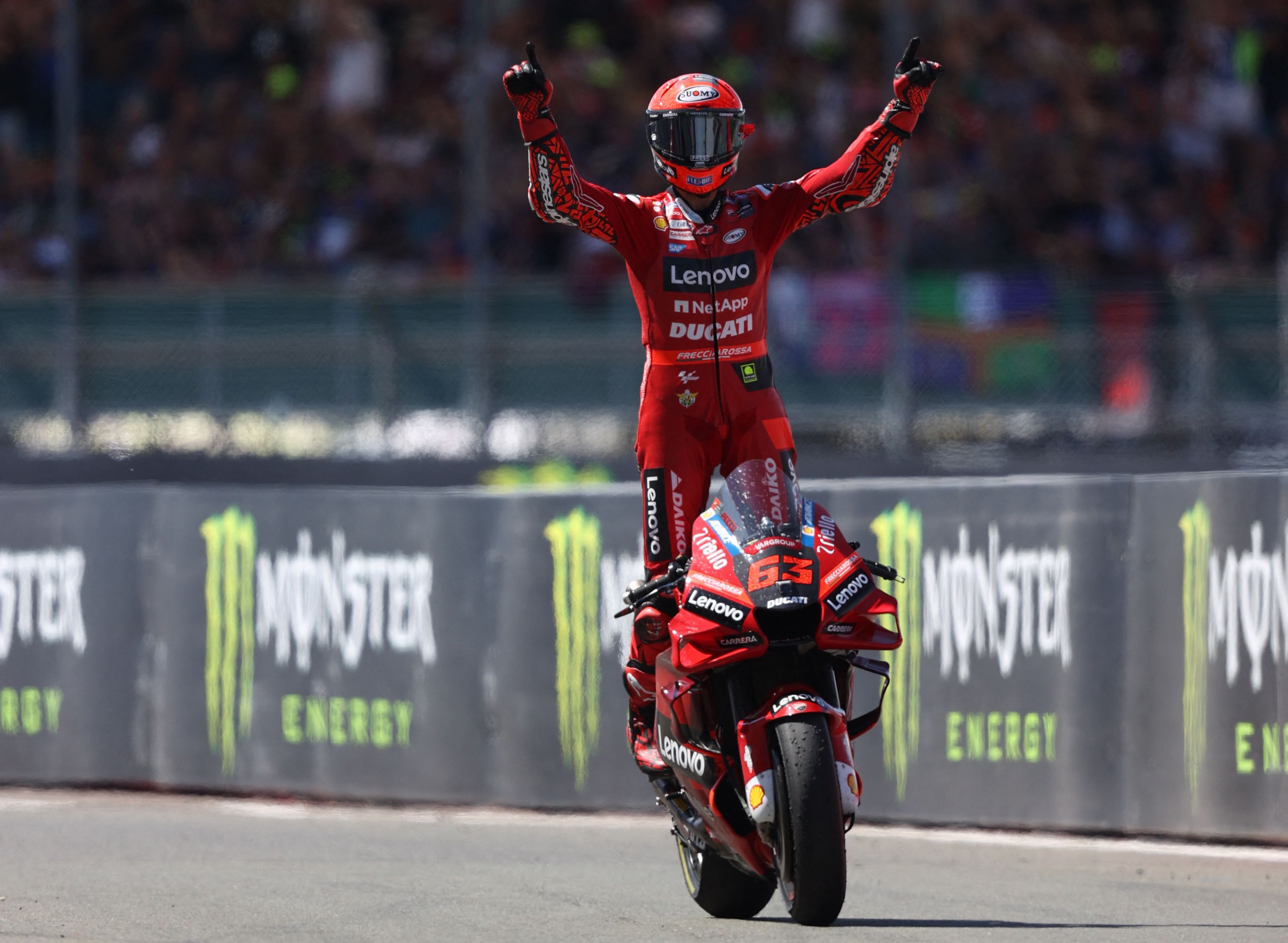 Pembalap Ducati, Francesco Bagnaia juara MotoP Inggris di Sirkuit Silverstone, Minggu (7/8). 