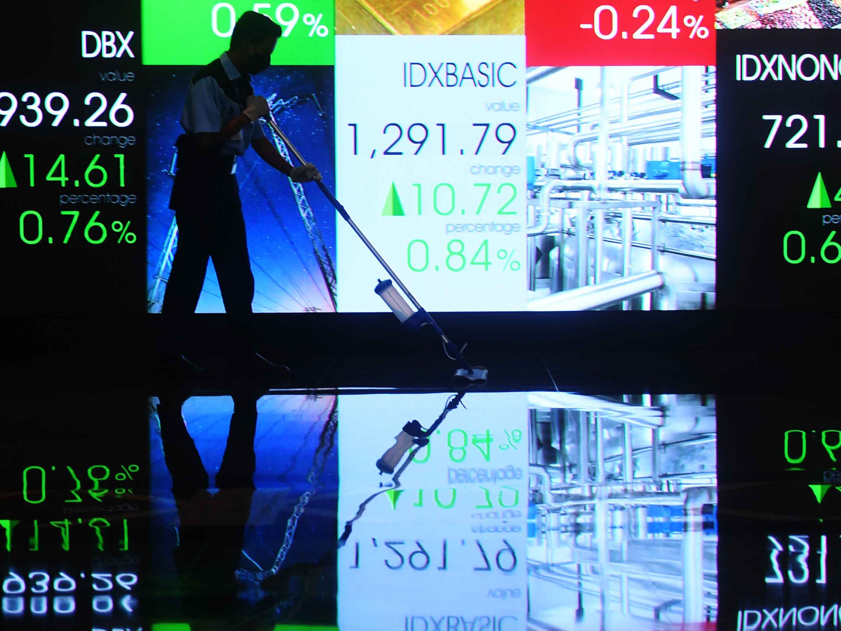 Petugas kebersihan melintasi layar digital pergerakan saham di Bursa Efek Indonesia, Jakarta.