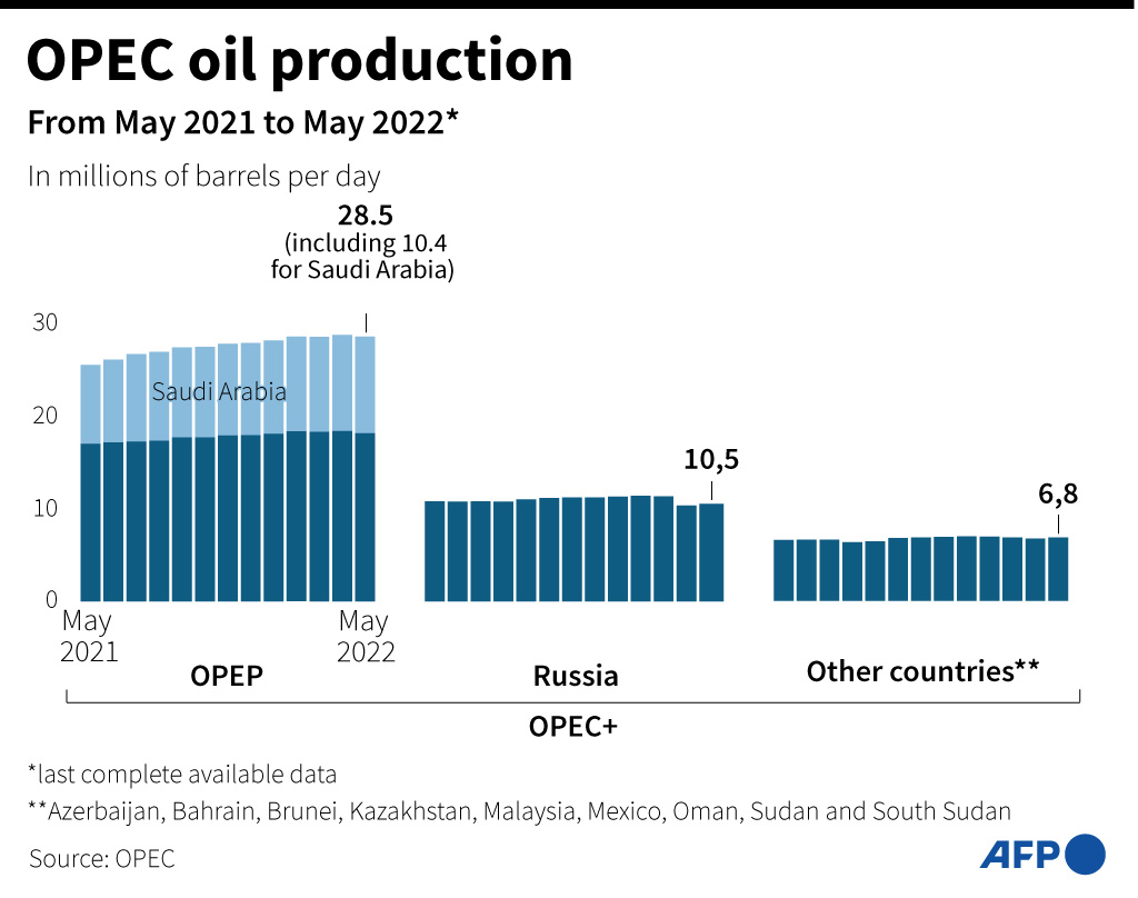 Grafik yang menunjukkan produksi minyak oleh 23 negara anggota OPEC dari Mei 2021 hingga Mei 2022.