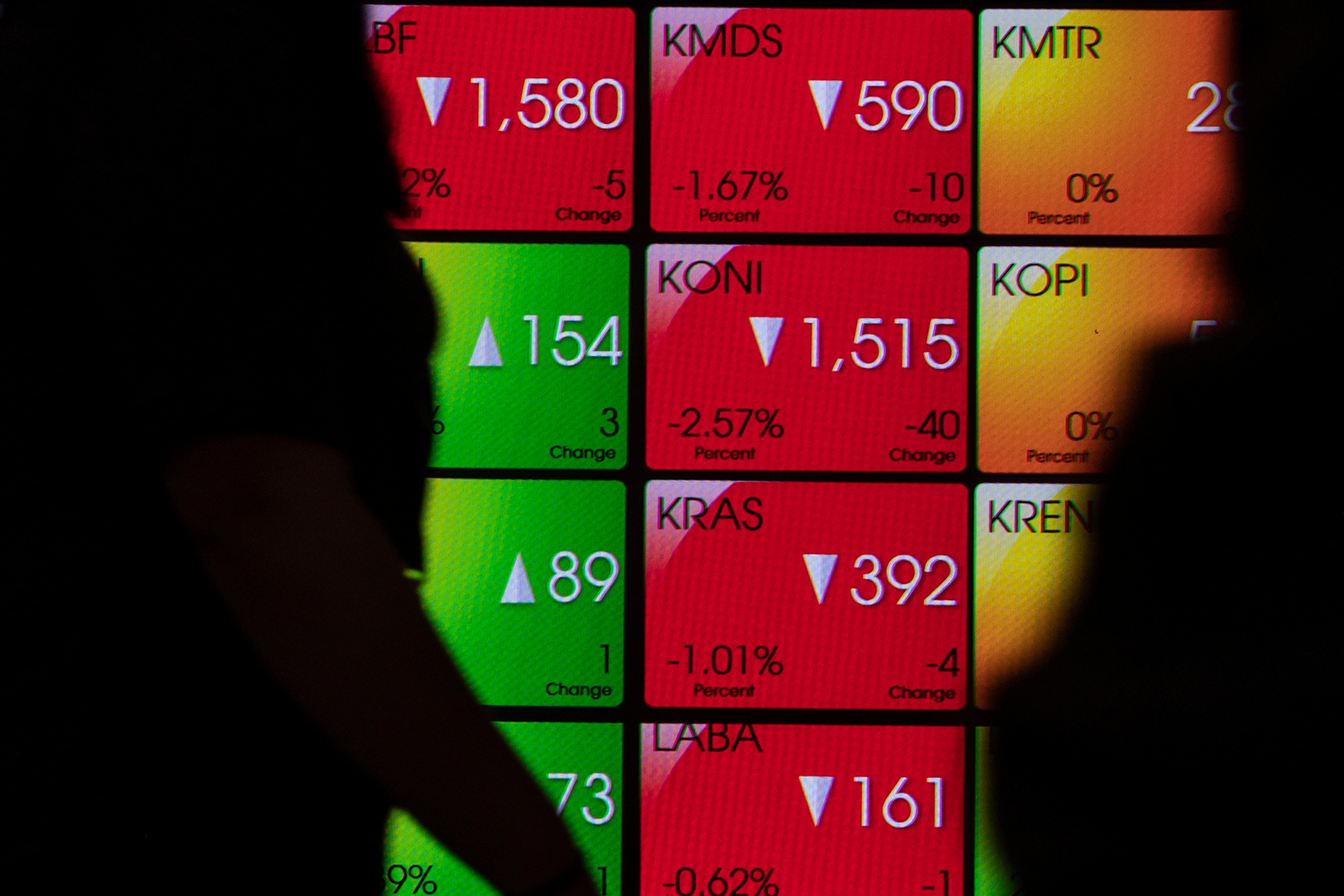 Karyawan melihat pergerakan Indeks Harga Saham Gabungan (IHSG) di Bursa Efek Indonesia, Jakarta.