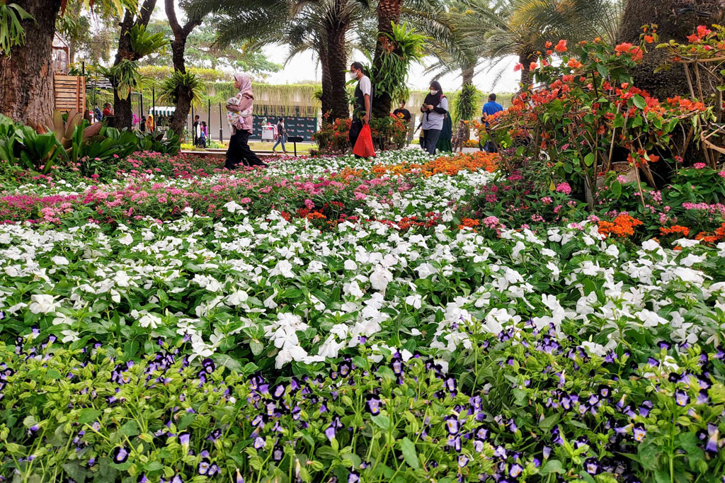 Pengnjung menyaksikan Pameran Flora dan Fauna (Flona) 2022 di taman Lapangan Banteng, Jakpus
