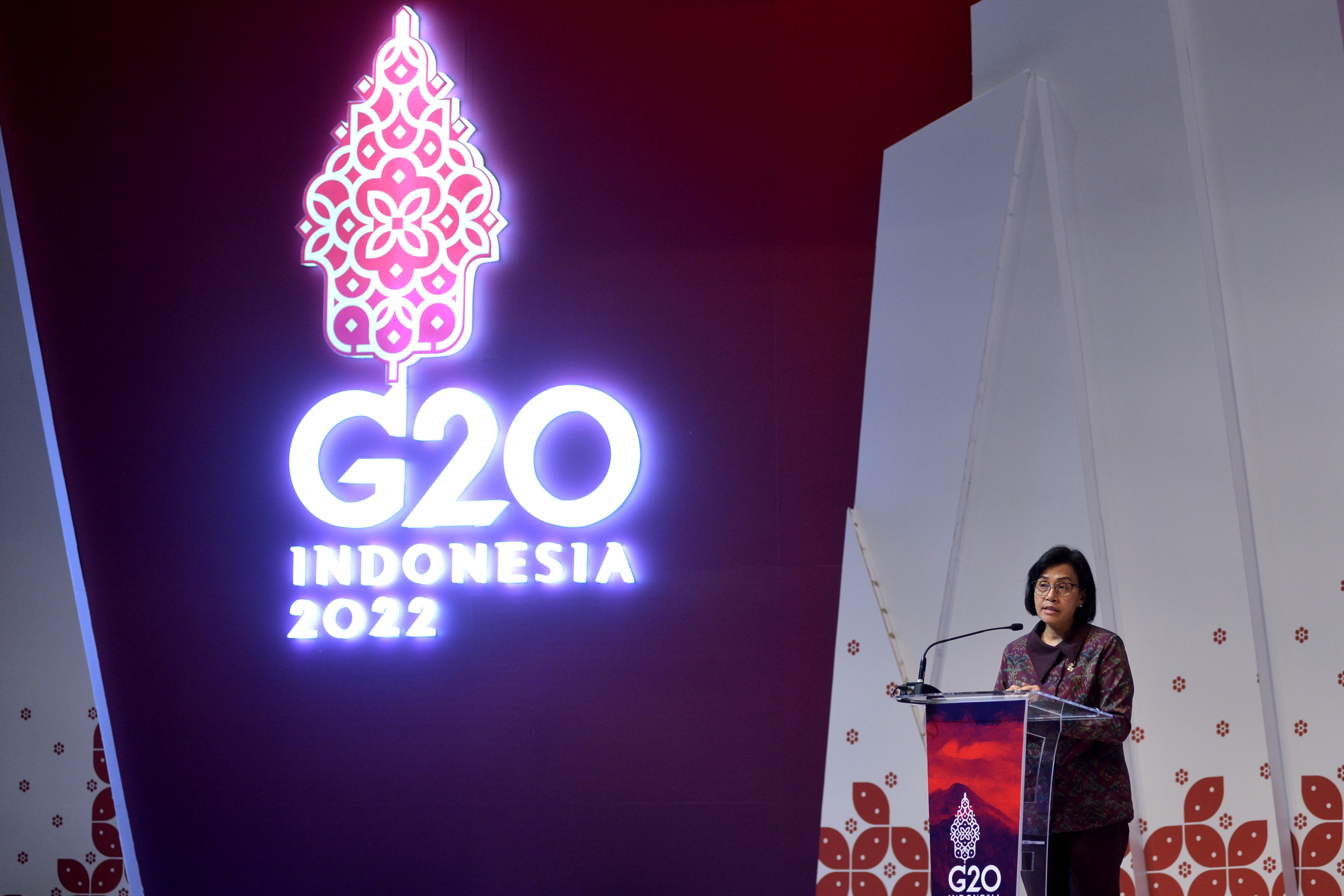 Menteri Keuangan Sri Mulyani saat menjadi pembicara dalam forum G20 di Bali.