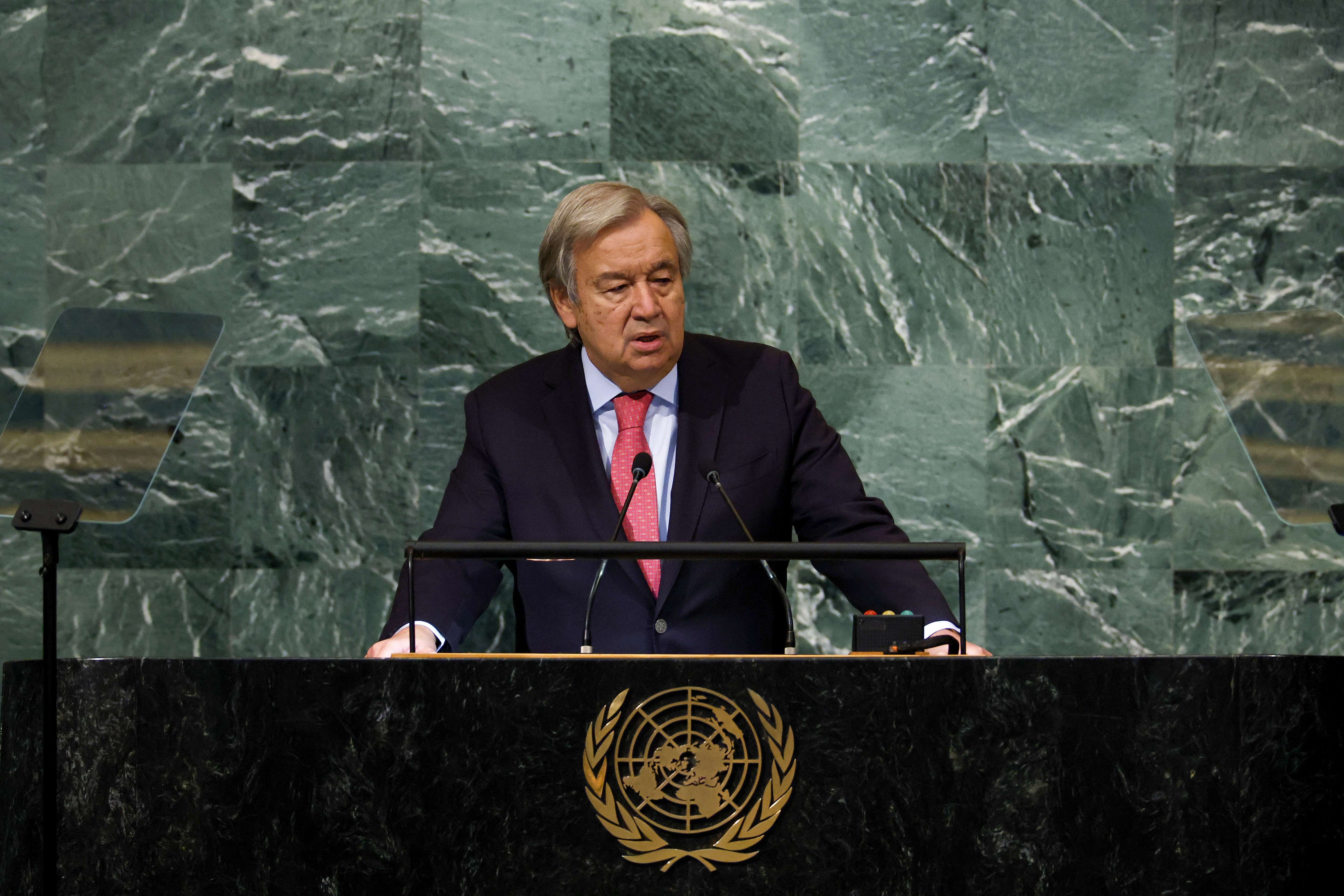 Antonio Guterres berbicara pada sesi ke-77 Majelis Umum PBB di Markas Besar PBB, New York, AS, Selasa (21/9).