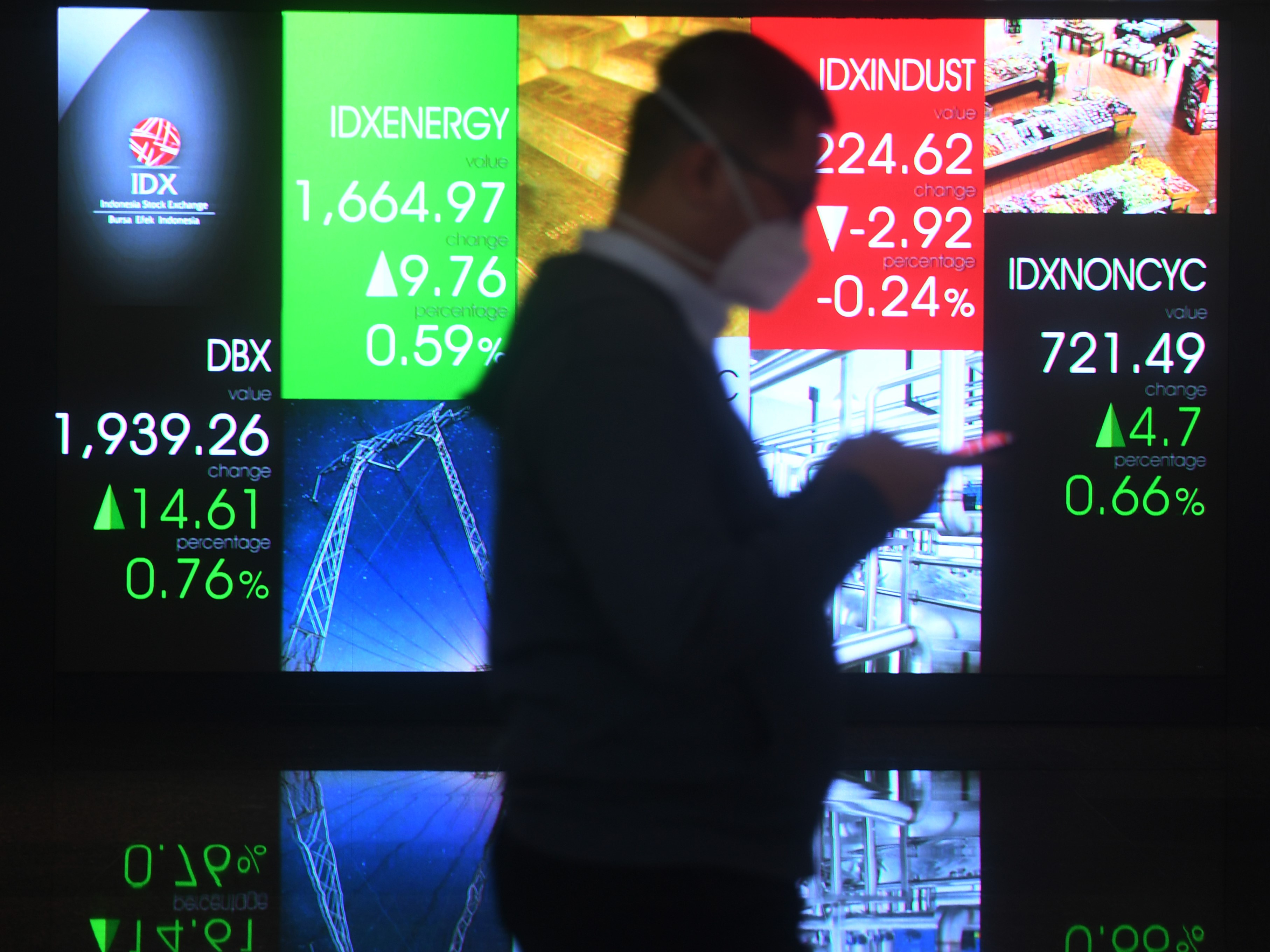 Seorang pria melintasi layar digital pergerakan saham di Bursa Efek Indonesia, Jakarta.