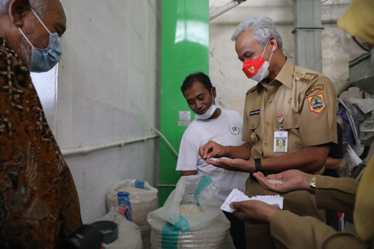 Gubernur Ganjar Pranowo memeriksa beras jenis Srinuk sebagai produk pertanian unggulan di Jawa Tengah dari Klaten.