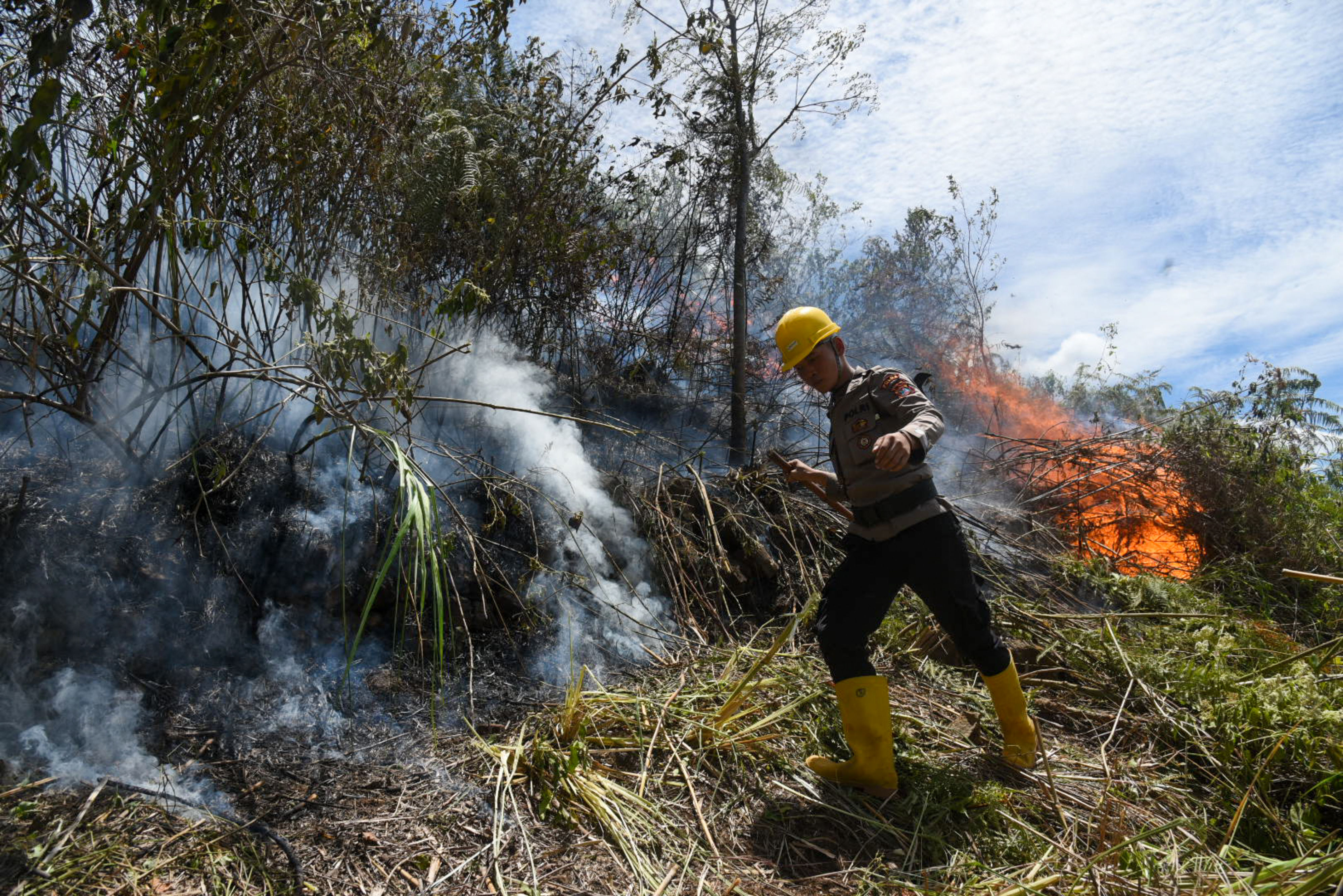 Petugas berusaha memadamkan kebakaran hutan dan lahan.