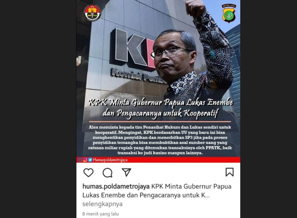 Polda Metro Jaya Hapus Unggahan Lukas Enembe di Akun Instagram Humas