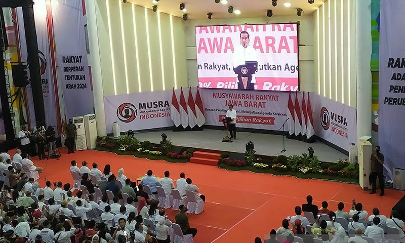 Presiden Joko Widodo saat memberi sambutan dalam kegiatan Musyawarah Rakyat (Musra), di SPORT Jabar Arcamanik, Kota Bandung, Jawa Barat