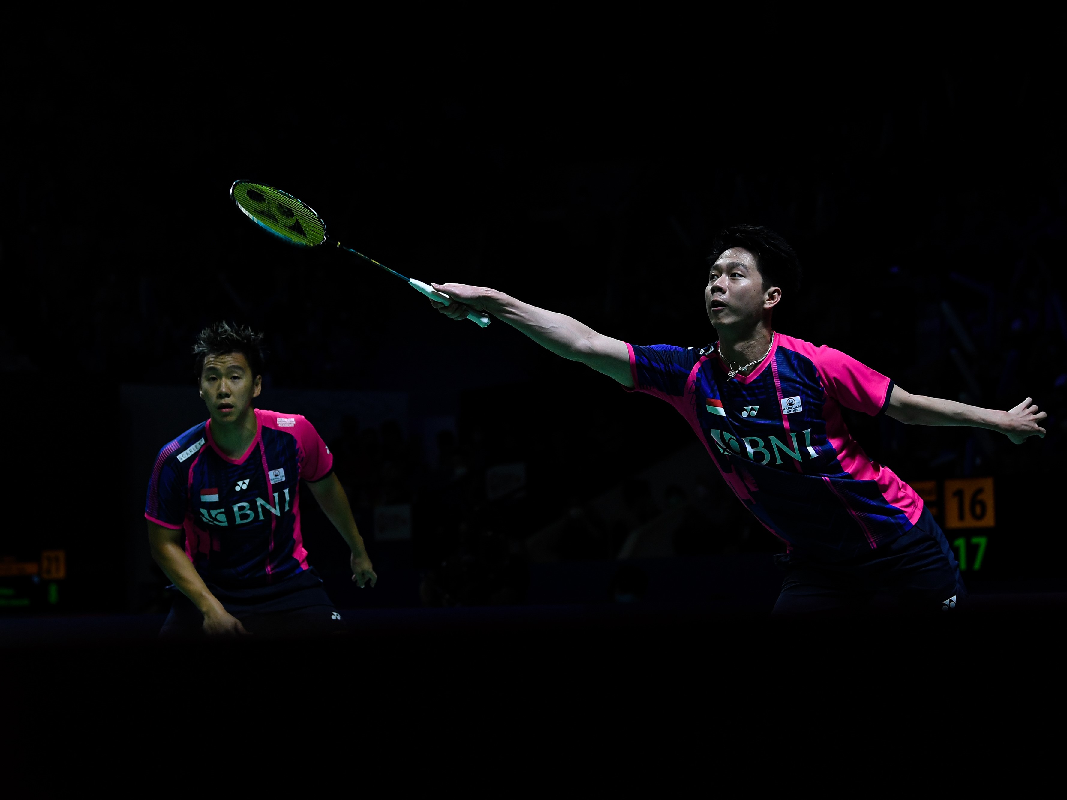 Pebulu tangkis ganda putra Indonesia Kevin Sanjaya Sukamuljo (kanan) dan Marcus Fernaldi Gideon.