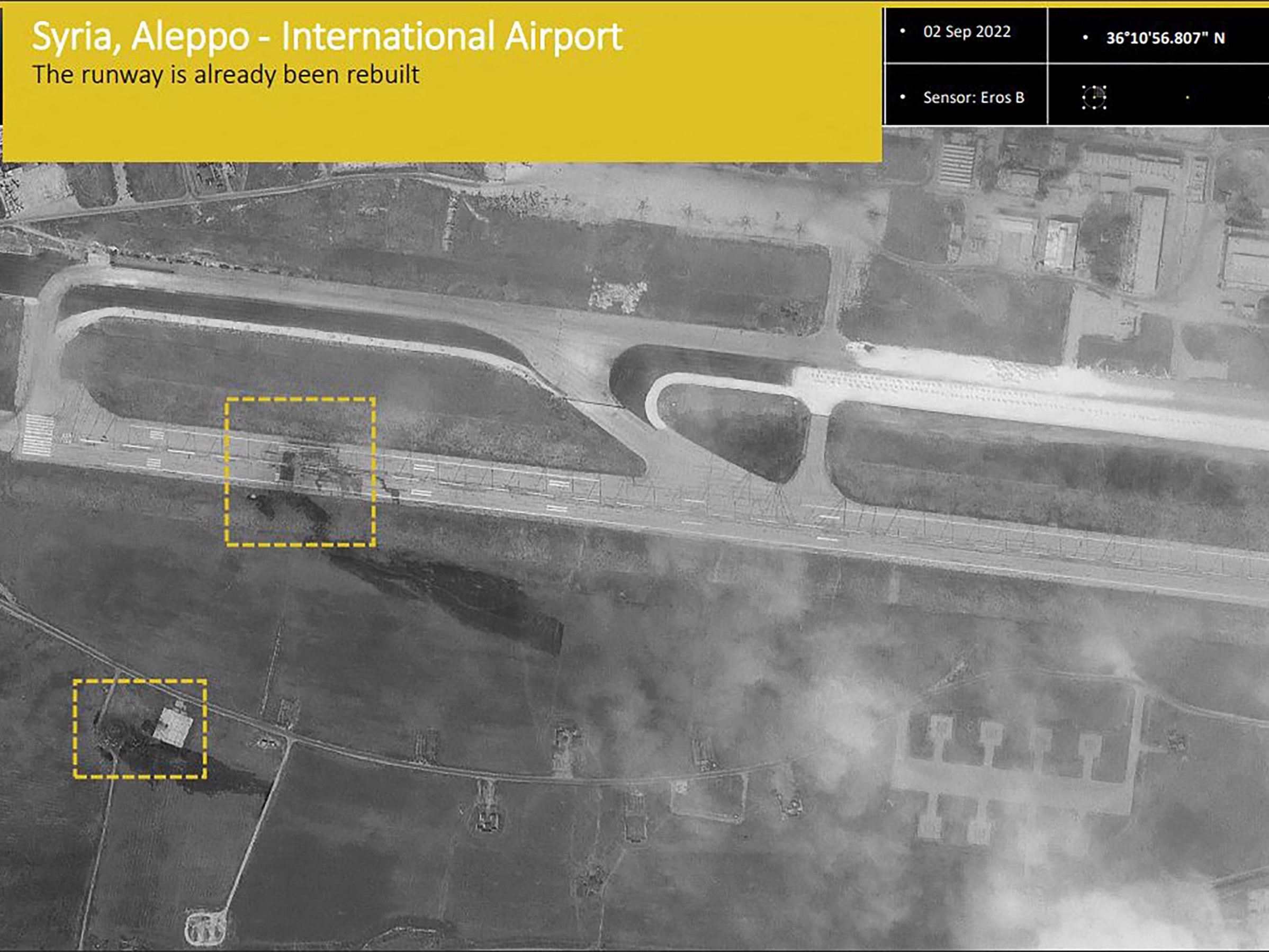Citra satelit yang menggambarkan kerusakan di bandara Aleppo di Suriah utara menyusul beberapa serangan Israel pada 31 Agustus. 