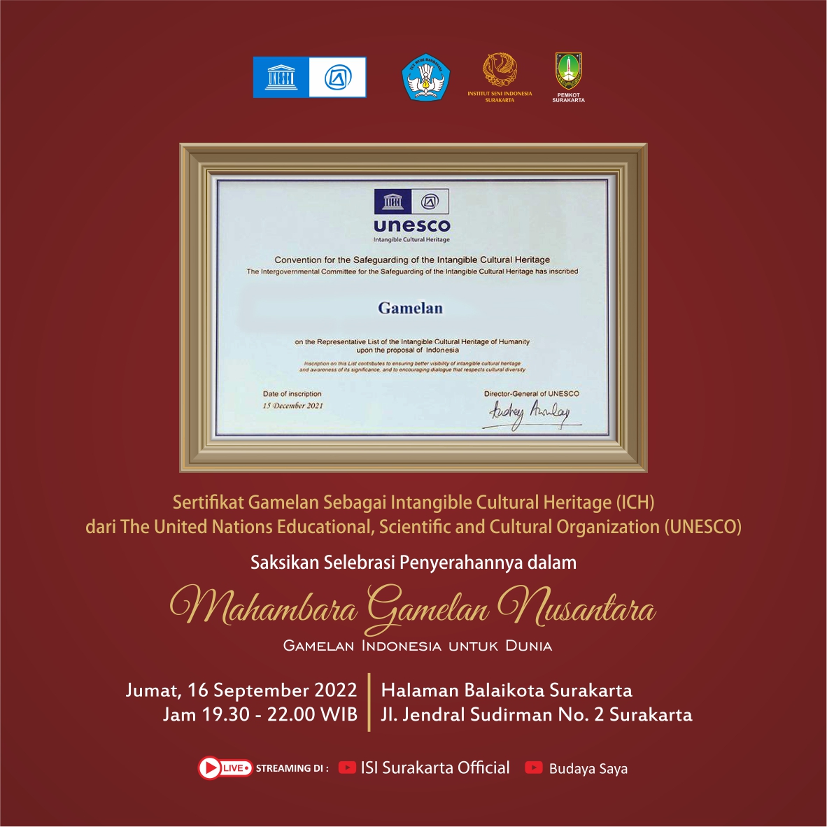 Sertifikat oengakuan UNESCO kepada Gamelan sebagai Warisan Budaya Takbenda