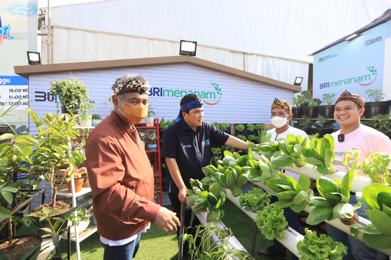 Dirut BRI Sunarso (kiri) dan Menteri BUMN Erick Thohir (kedua dari kiri) mengamati tanaman dari program 'BRI Menanam'. 