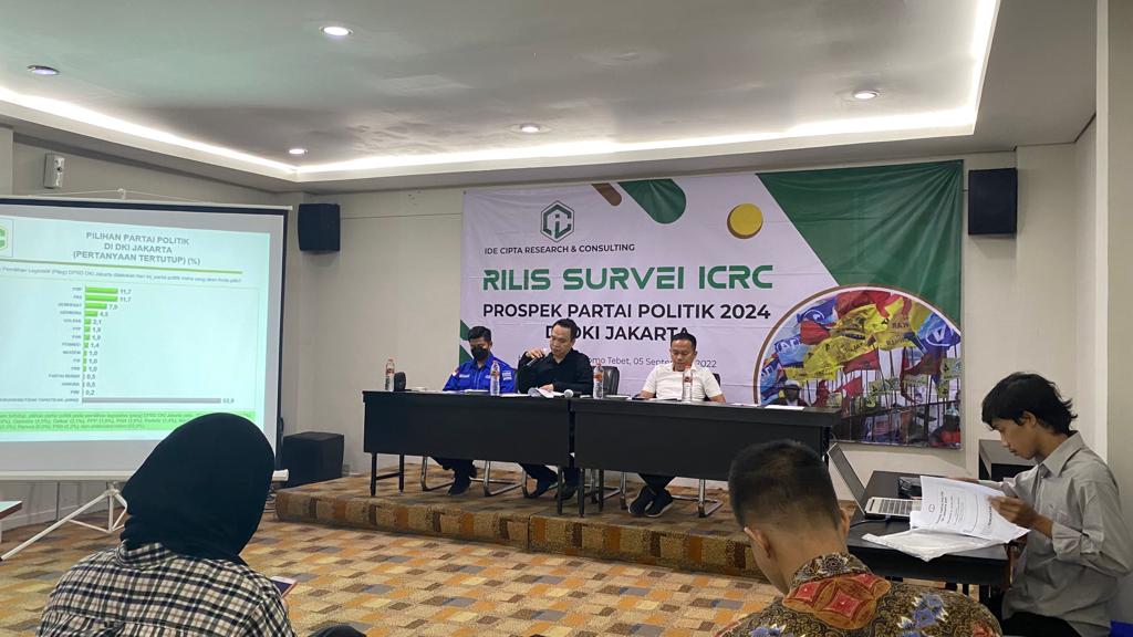 Ide Cipta Research and Consulting (ICRC) merilis temuan riset prospek partai politik DKI Jakarta pada tahun 2024 mendatang, di Jakarta, Seni