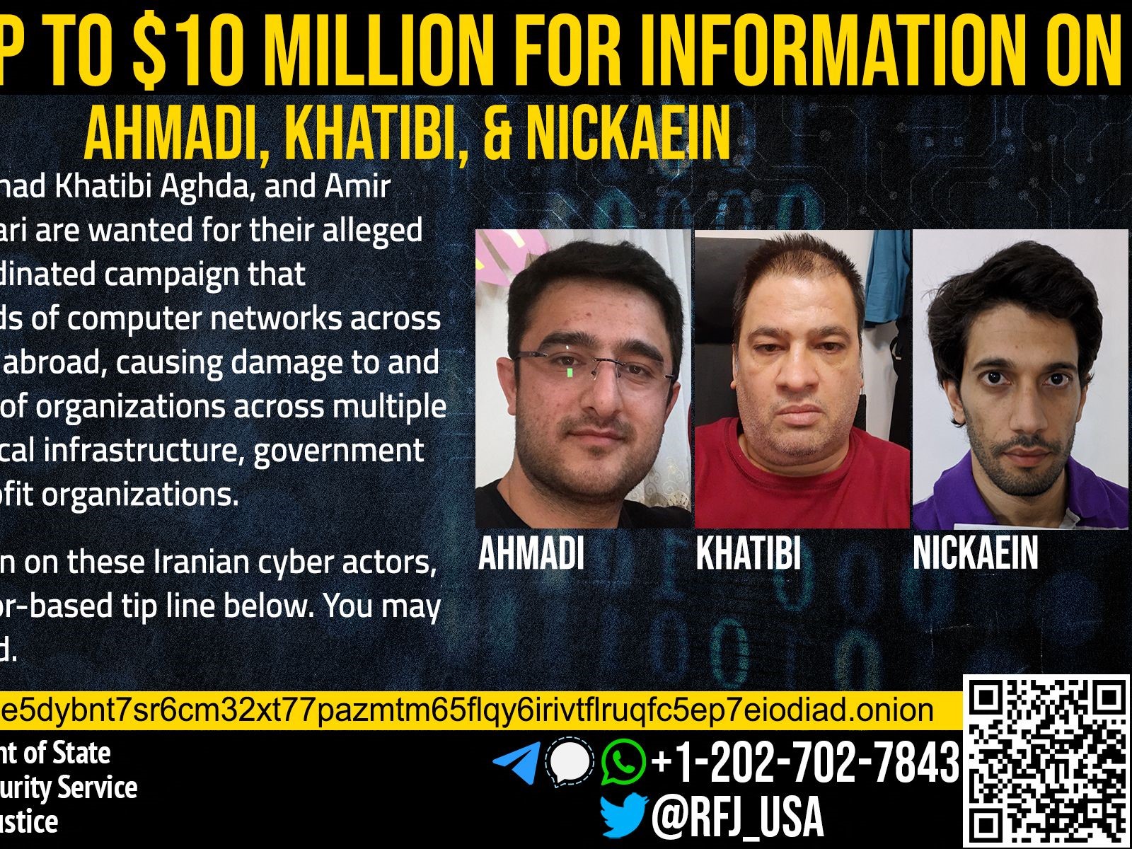 Khatibi, Mansour Ahmadi, dan Amir Hossein Nickaein Ravari yang didakwa Departemen Luar Negeri AS terkait serangan siber.