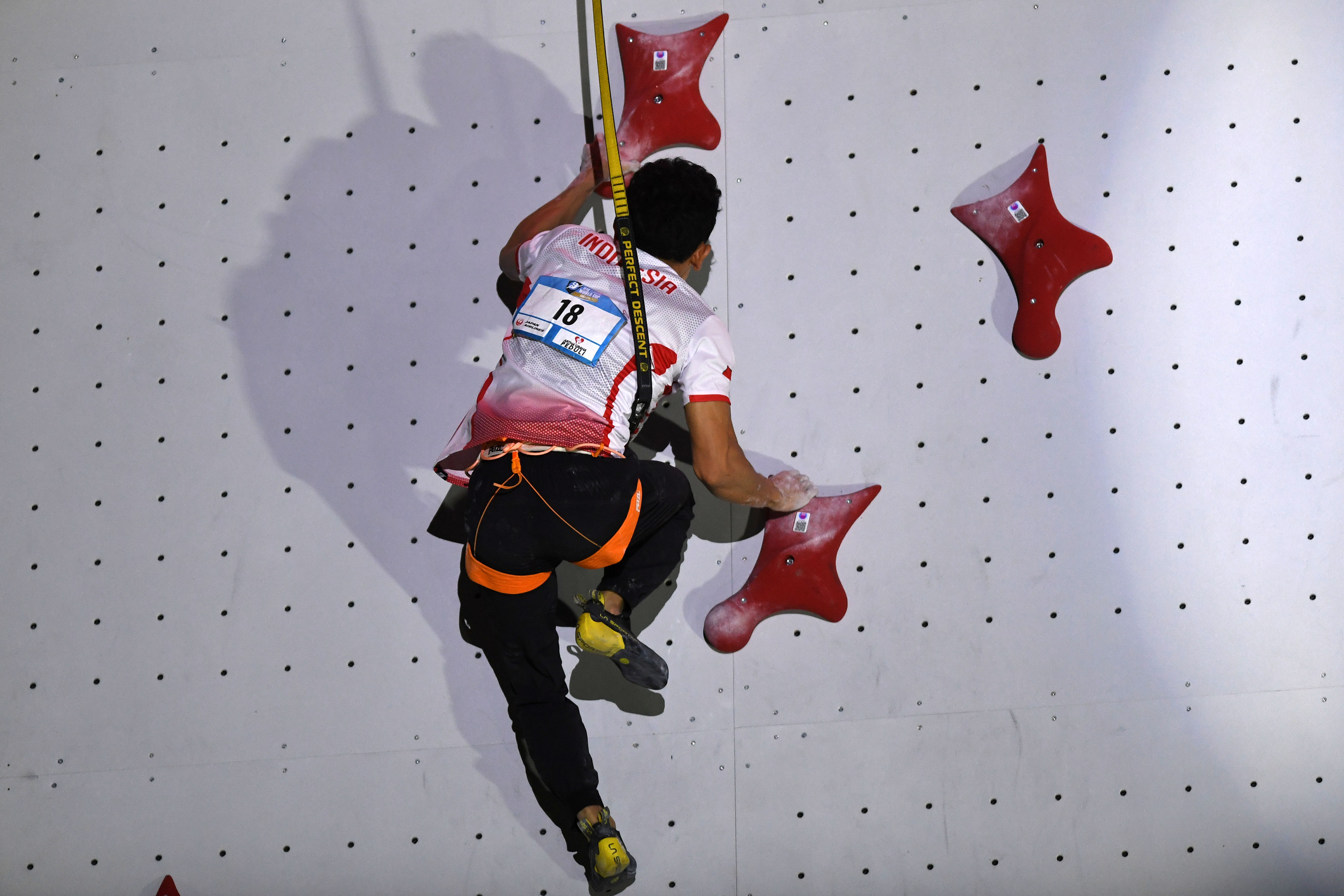 Atlet panjat tebing Indonesia Veddriq Leonardo menjadi juara nomor speed putra Piala Dunia 2022 di SCBD, Jakarta, Sabtu (24/9). 