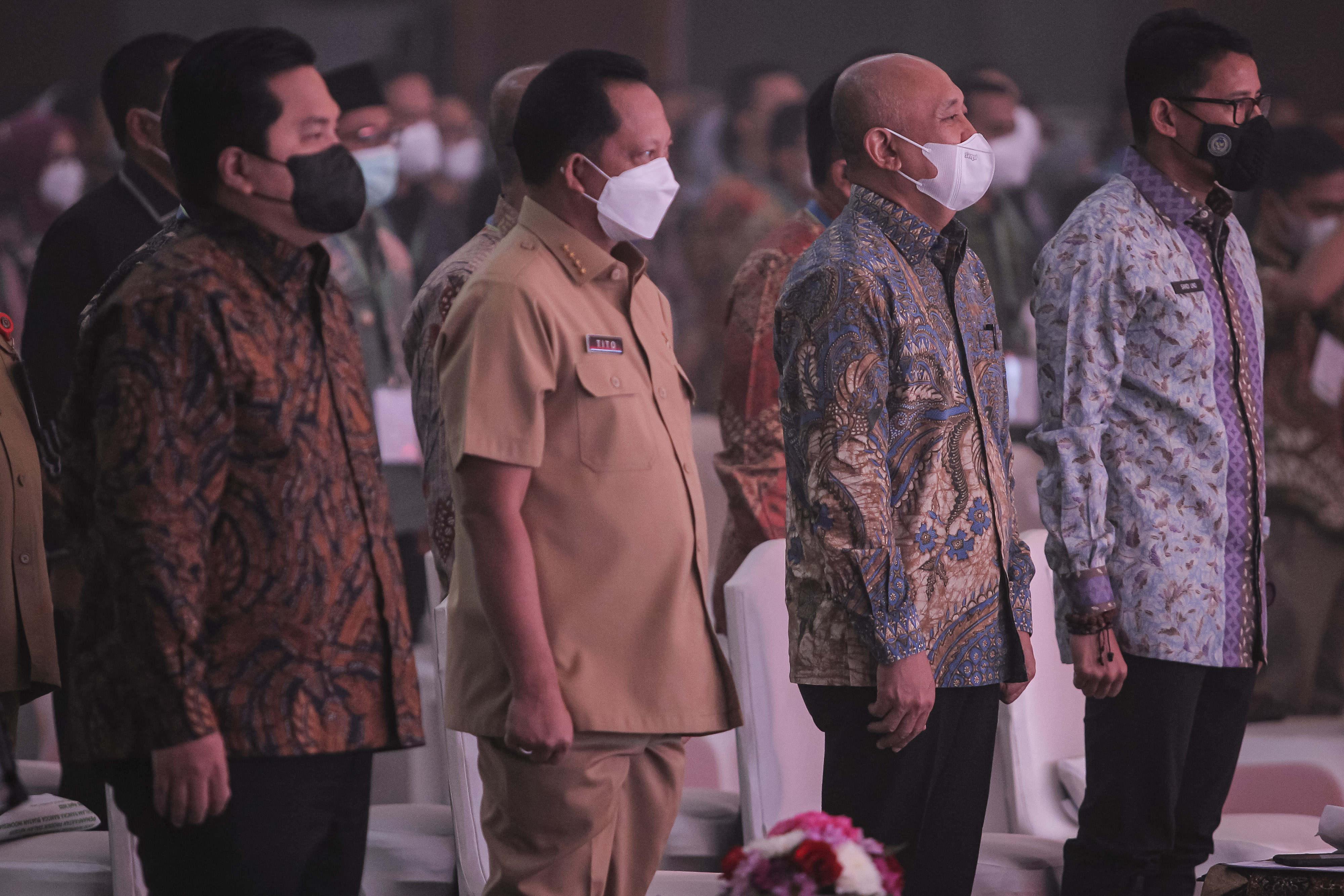 Menteri BUMN Erick Thohir, Mendagri Tito Karnavian, Menkop UKM Teten Masduki, dan Menparekraf Sandiaga Uno di JCC Senayan, Senin (25/4). 