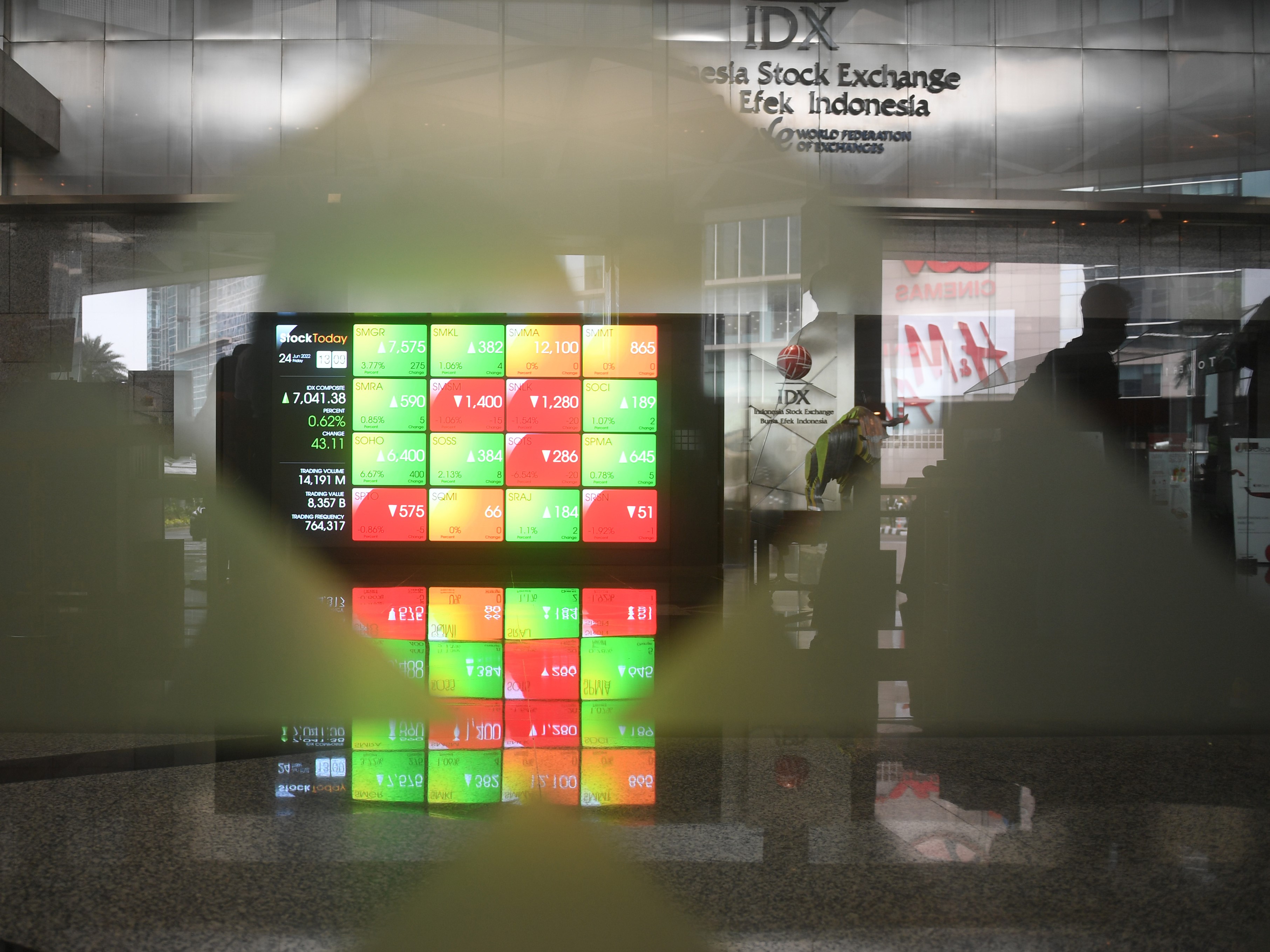 Seorang pria melintasi layar digital pergerakan saham di Bursa Efek Indonesia, Jakarta, Jumat (24/6/2022).