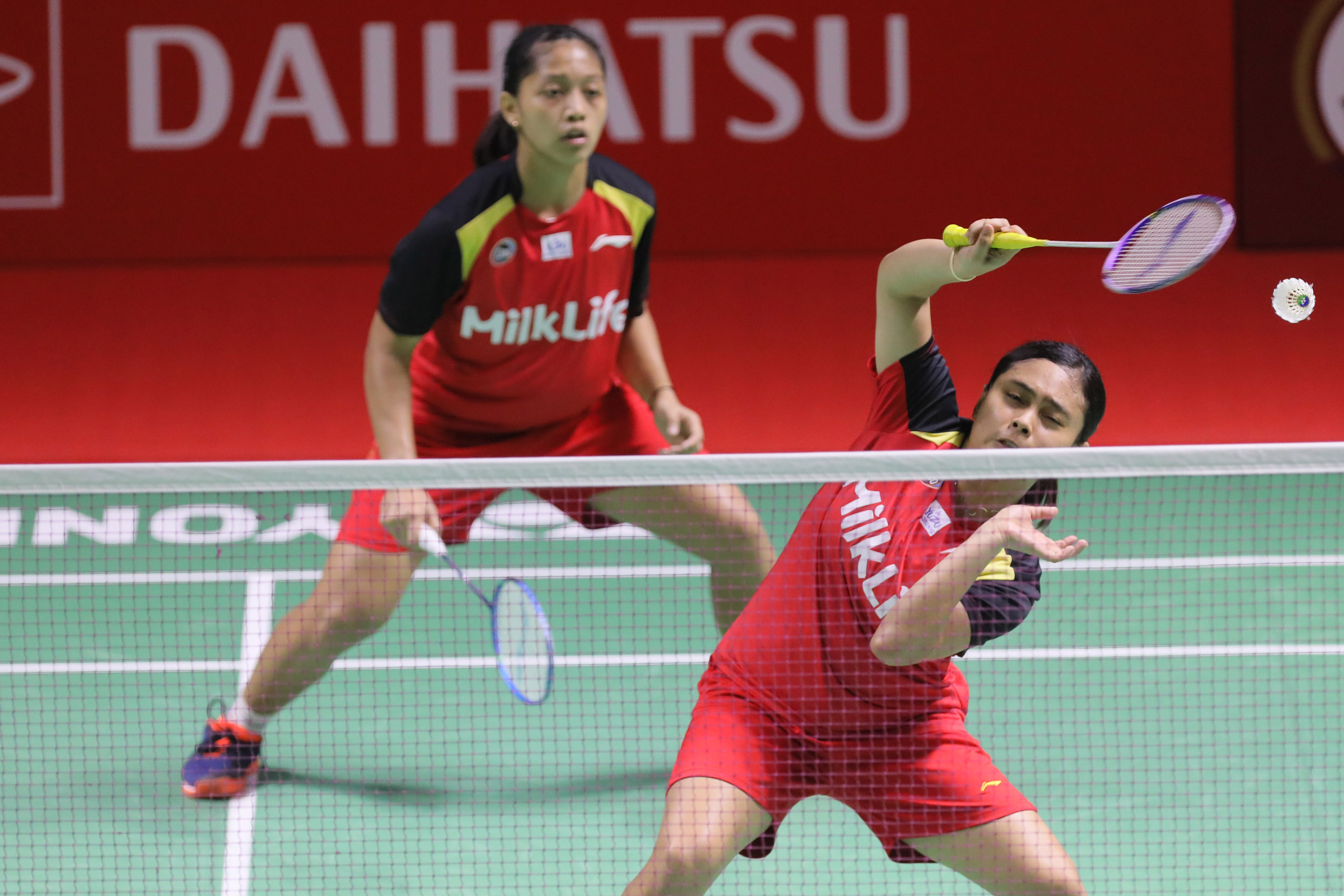Ganda putri Indonesia Titis Maulida Rahma/Bernadine Anindiya Wardana saat berlaga di Indonesia Masters 2022, Rabu (8/6).