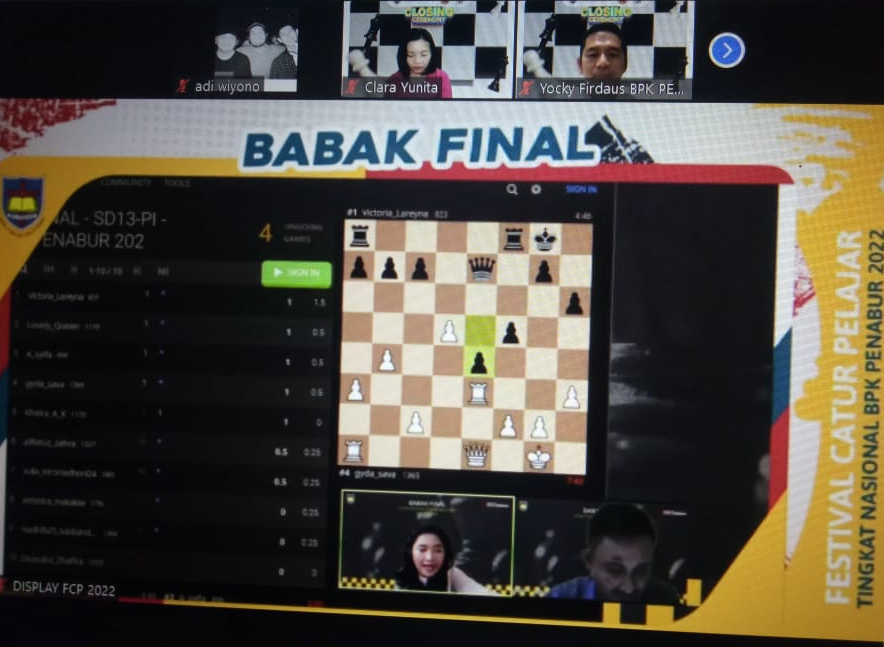 Tangkapan layar babak final Festival Catur Pelajar Tingkat Nasional 2022.