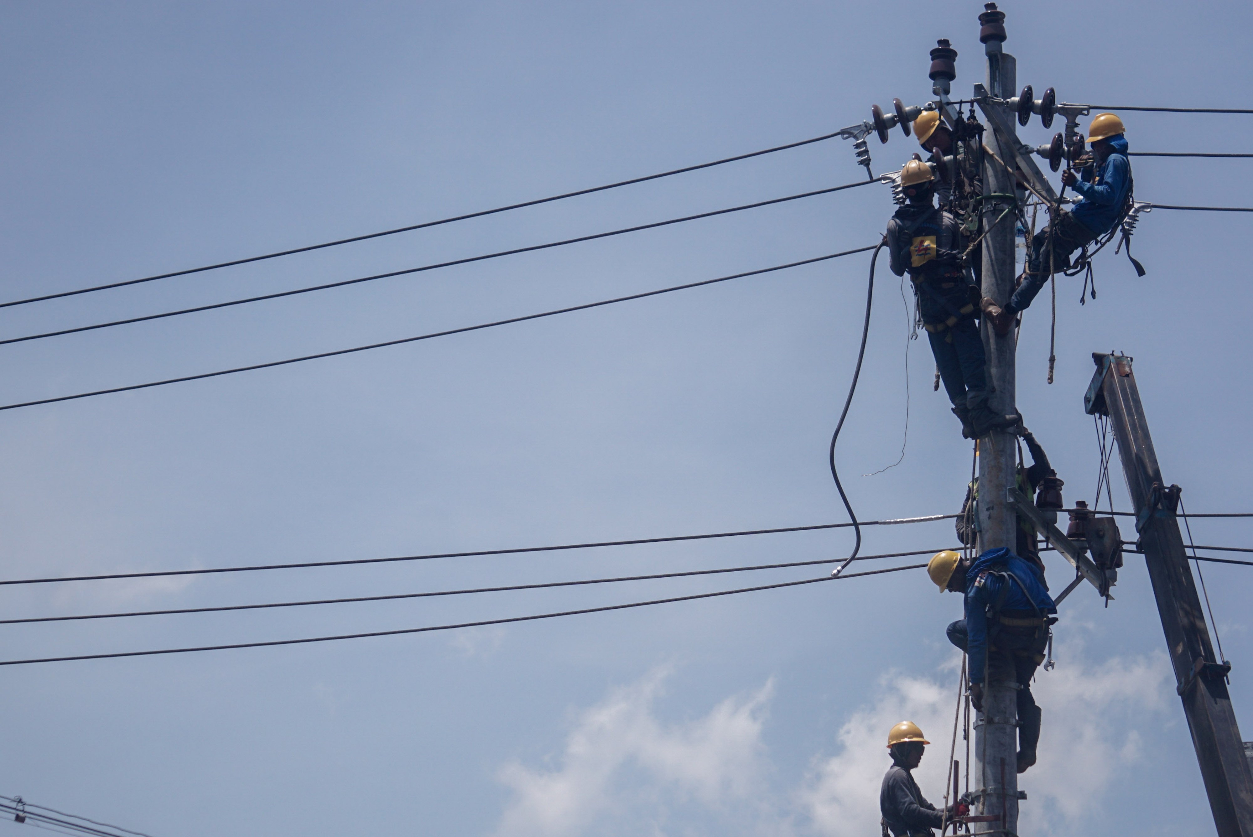 Sejumlah petugas PLN melakukan perawatan jaringan listrik.