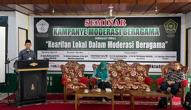 Seminar Kearifan Lokal dalam Moderasi Beragama yang digelar Universitas Nahdlatul Ulama NTB di Mataram, Rabu (5/10).