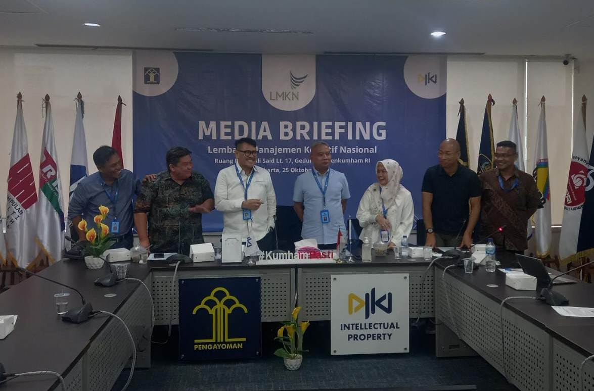 Media Briefing yang digelar Lembaga Manajemen Kolektif Nasional (LMKN) di Gedung Kemenkumham, Jakarta, Rabu (25/10). 