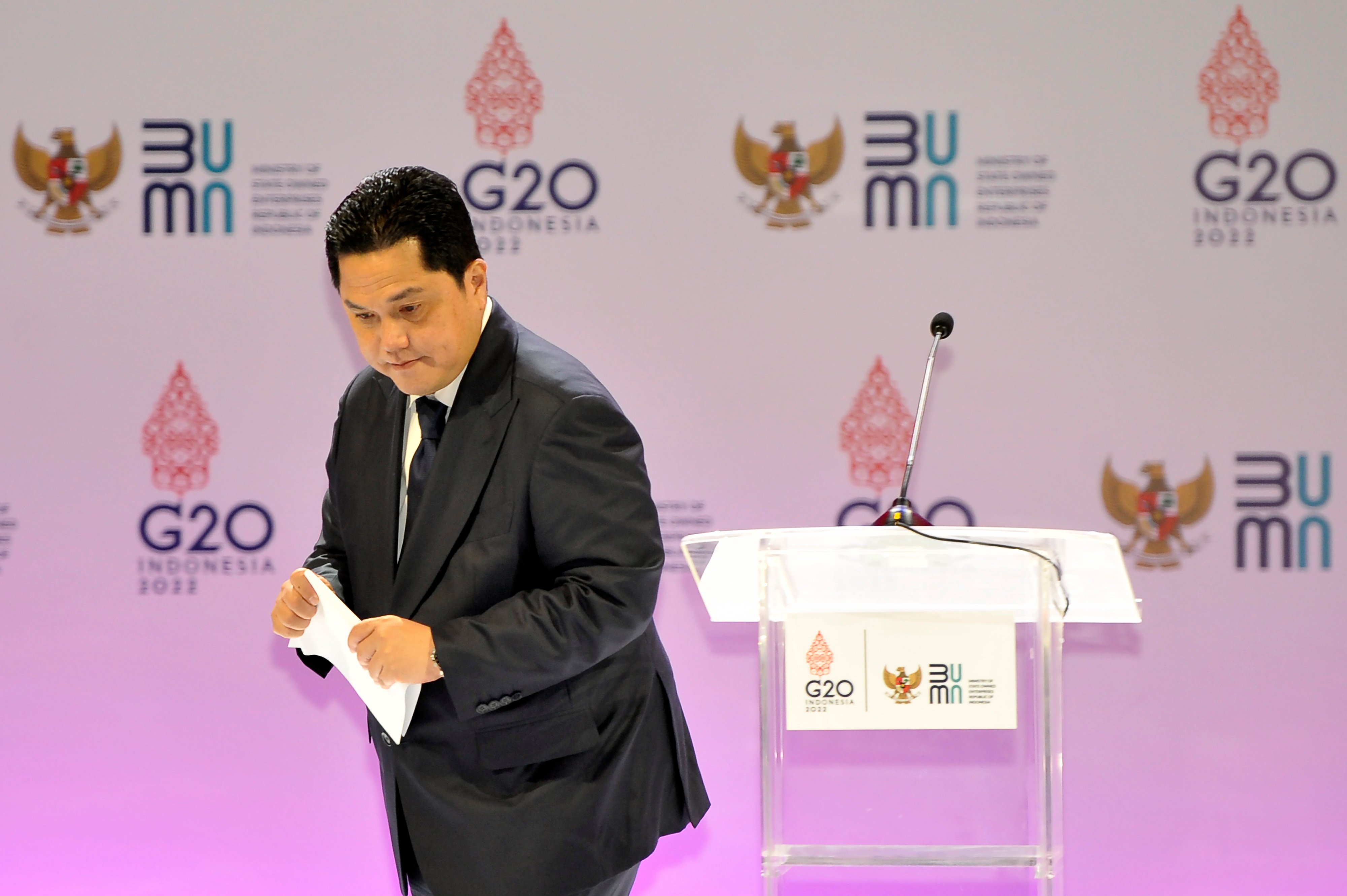 Menteri BUMN Erick Thohir seusai menyampaikan paparan dalam forum G20.