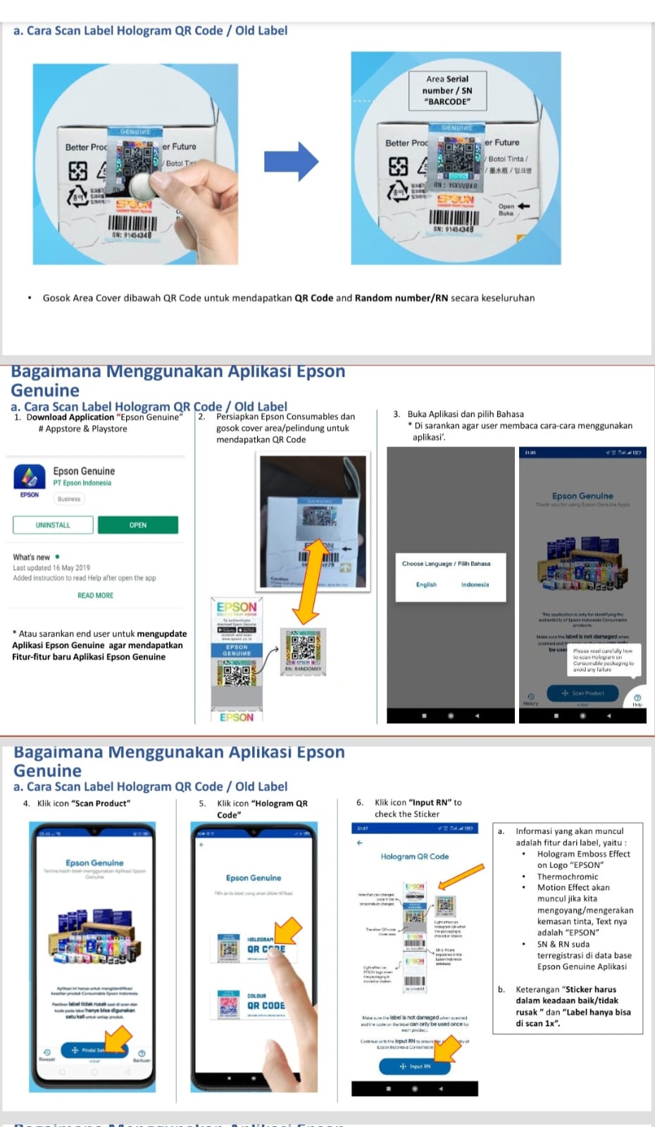 Cara menggunakan aplikasi Epson Genuine untuk memeriksa keasilian tinta. 