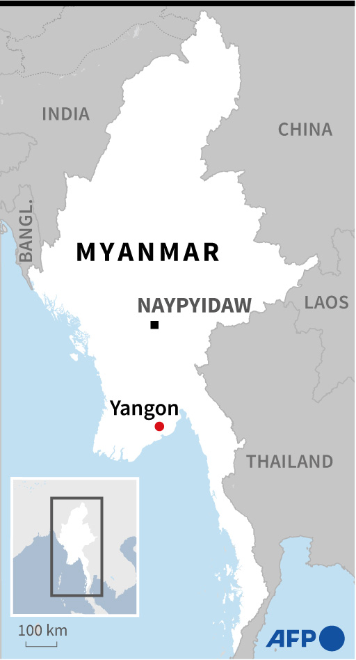 Peta Myanmar yang menunjukkan sedikitnya dua ledakan yang terjadi di dekat penjara Yangon, Rabu (19/10).