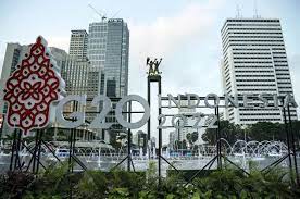 Logo Presidensi G20 Indonesia di Bundaran HI, Jakarta Pusat