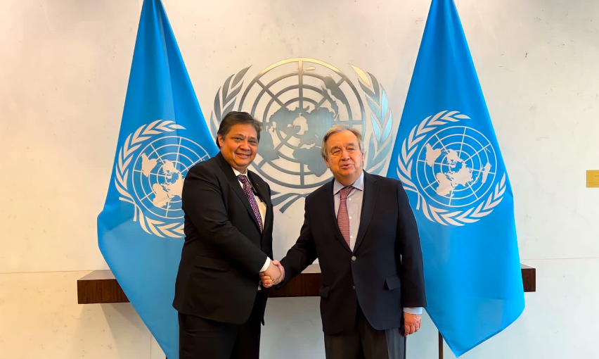 Menko Airlangga Hartarto diterima oleh Sekretaris Jenderal PBB António Guterres di Headquarters of the United Nations, Amerika Serikat.