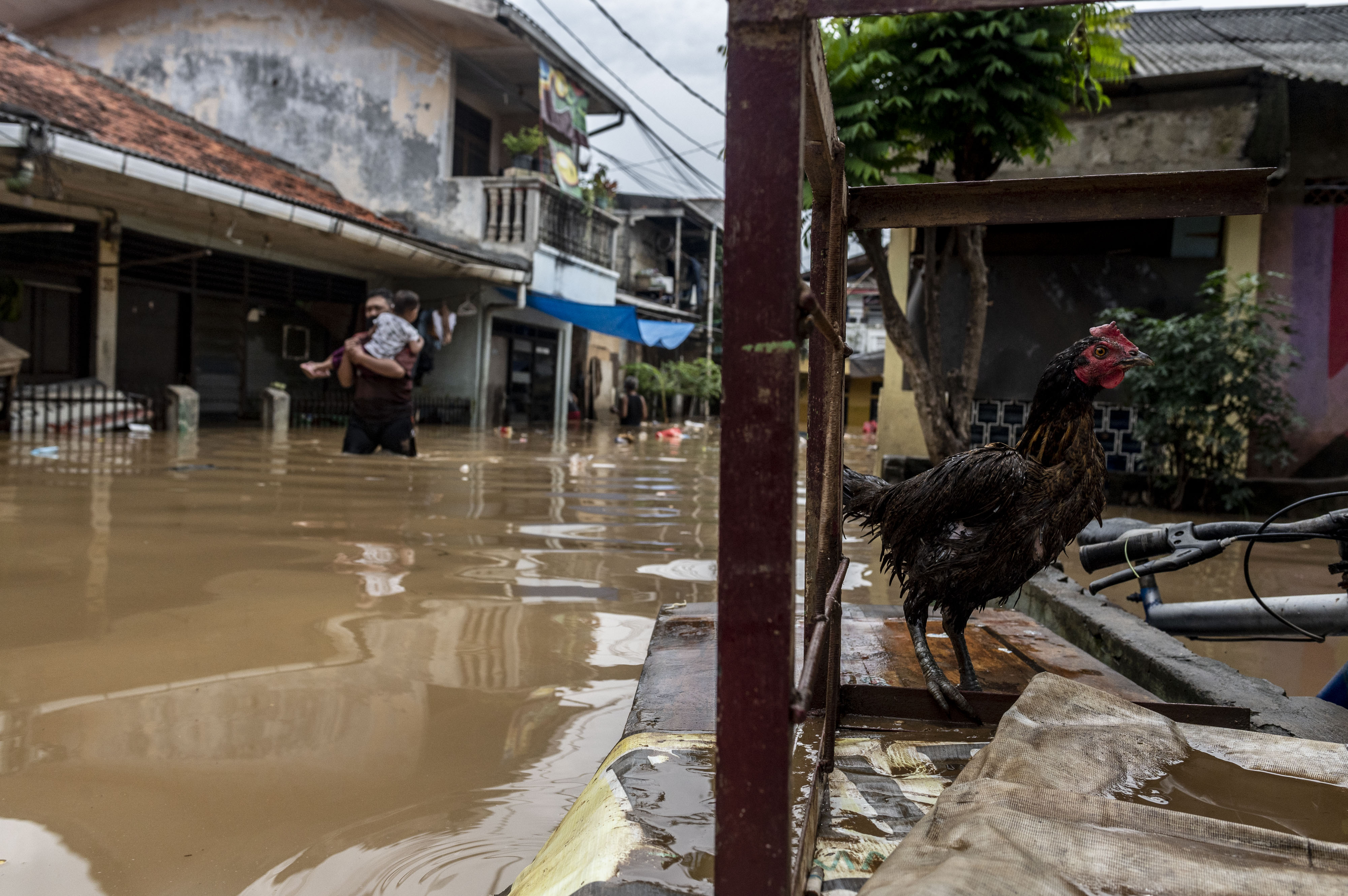Warga berjalan melintasi banjir di permukiman penduduk kawasan Rawajati, Jakarta, Senin (10/10).
