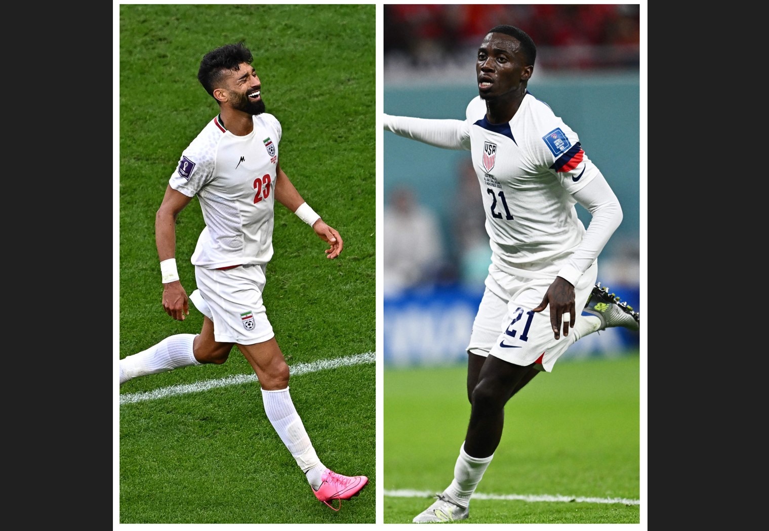Pemain Iran Ramin Rezaeian (kiri) dan penyerang AS Timothy Weah 