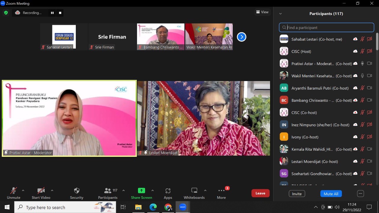 Peluncuran buku Panduan Navigasi bagi Pasien Kanker Payudara secara daring, Selasa (29/11).