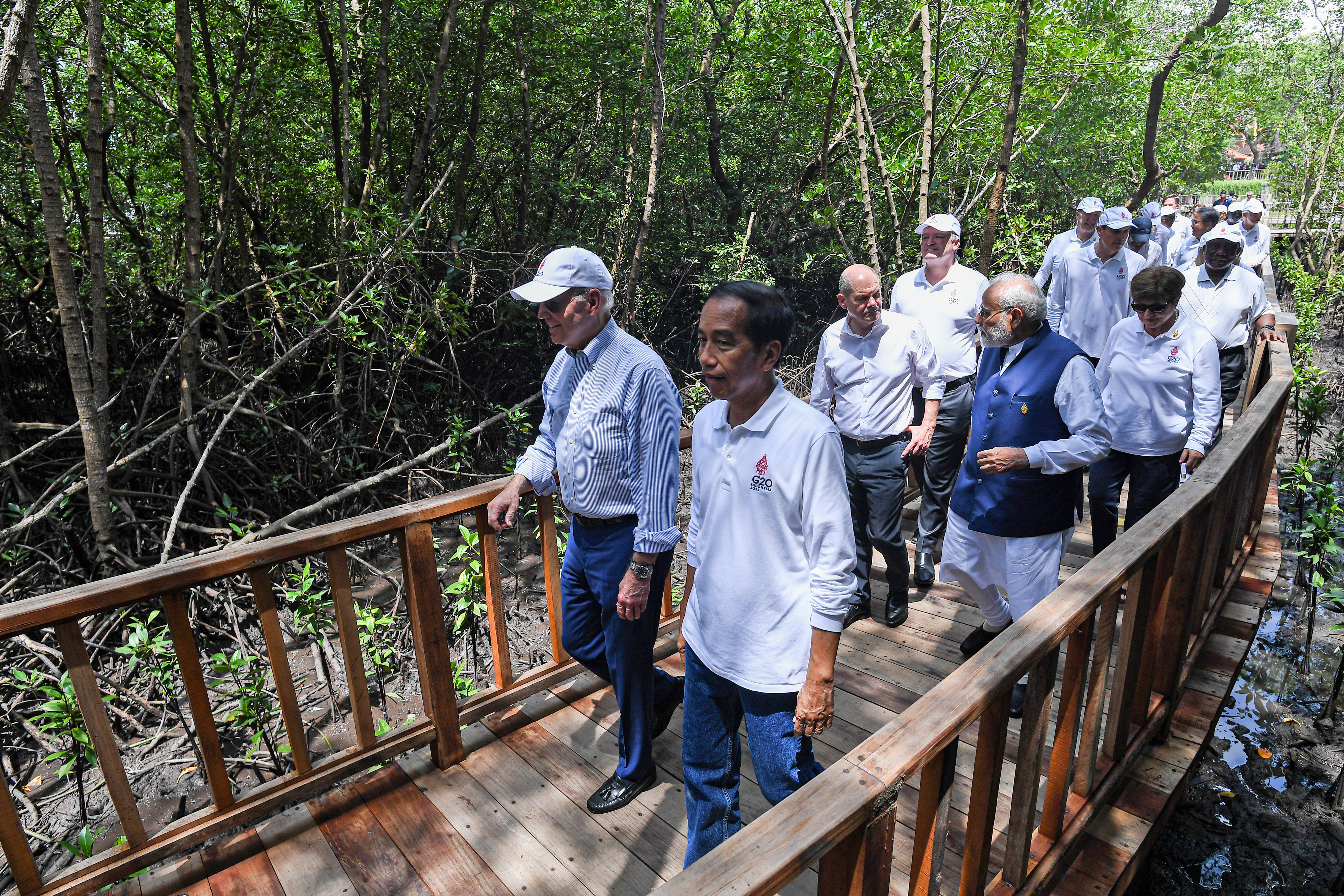 Presiden Jokowi bersama sejumlah pemimpin negara G20 berjalan di Tahura Ngurah Rai, Bali.