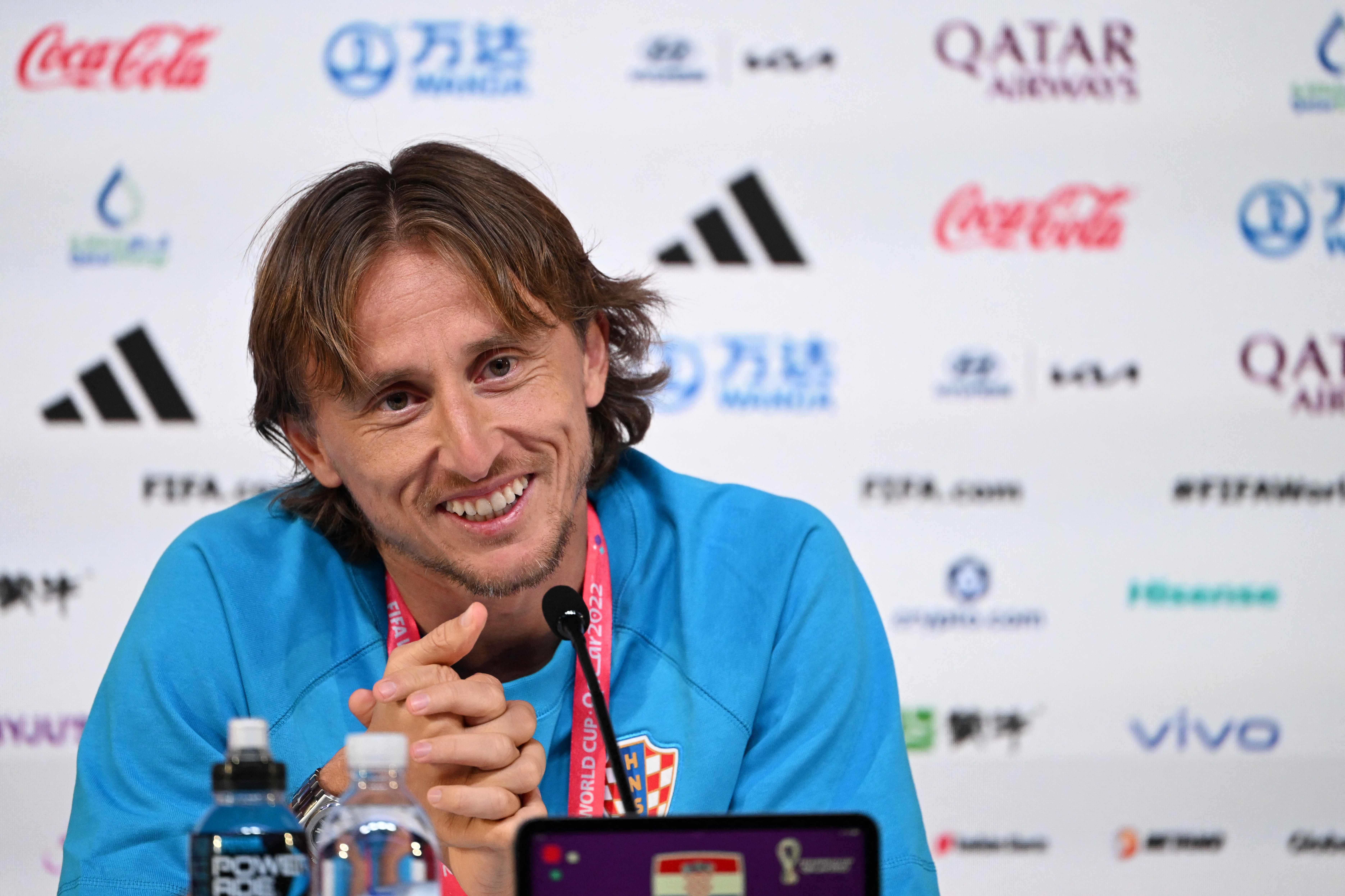Gelandang Kroasia Luka Modric saat konferensi pers menjelang laga Piala Dunia 2022 melawan Maroko.