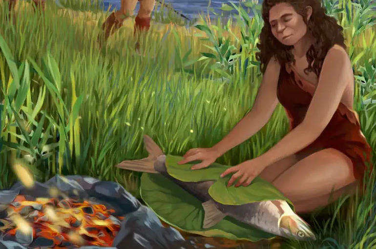 Ilustrasi manusia purba memasak ikan