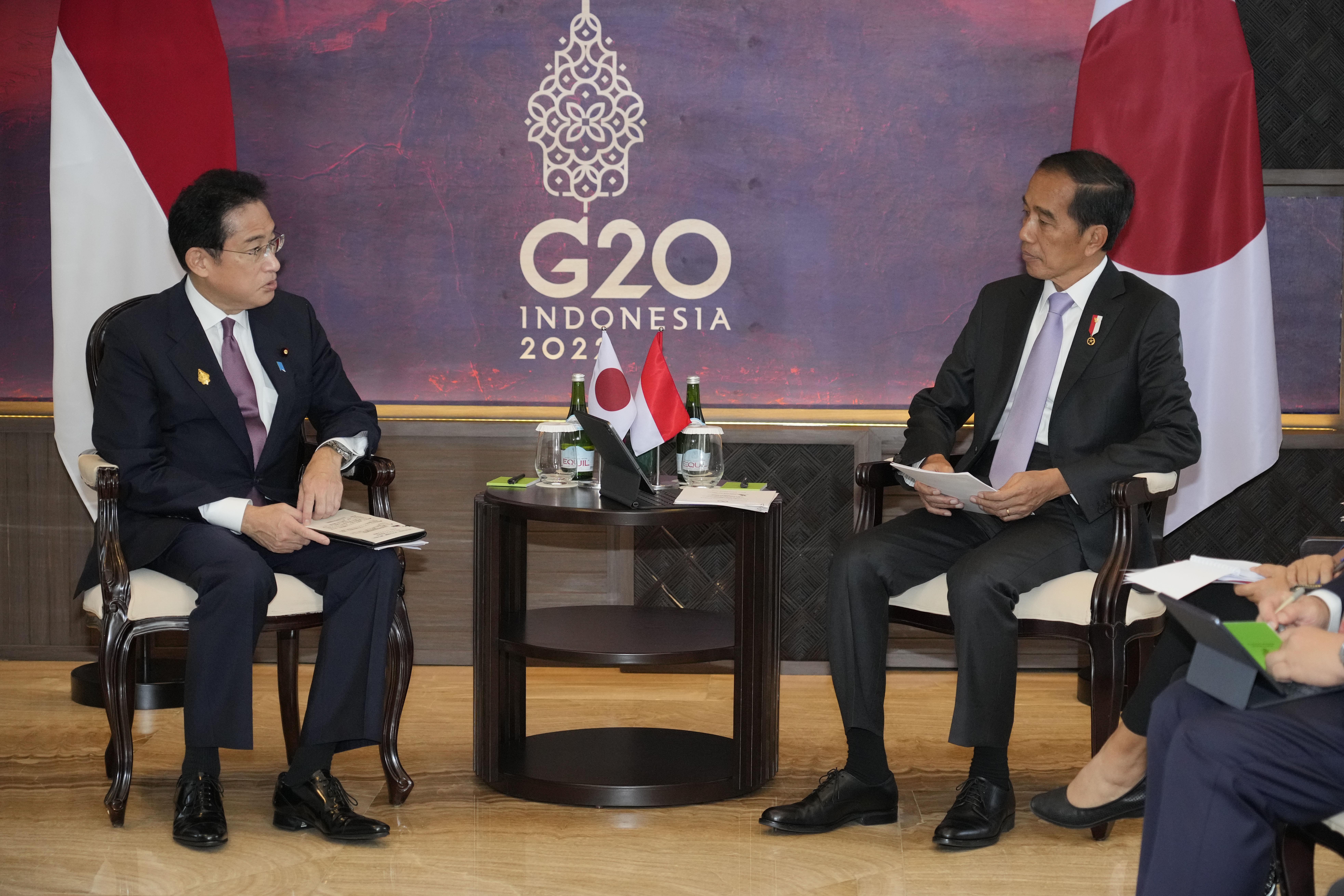Presiden Jokowi berbincang dengan PM Jepang Fumio Kishida dalam pertemuan bilateral.