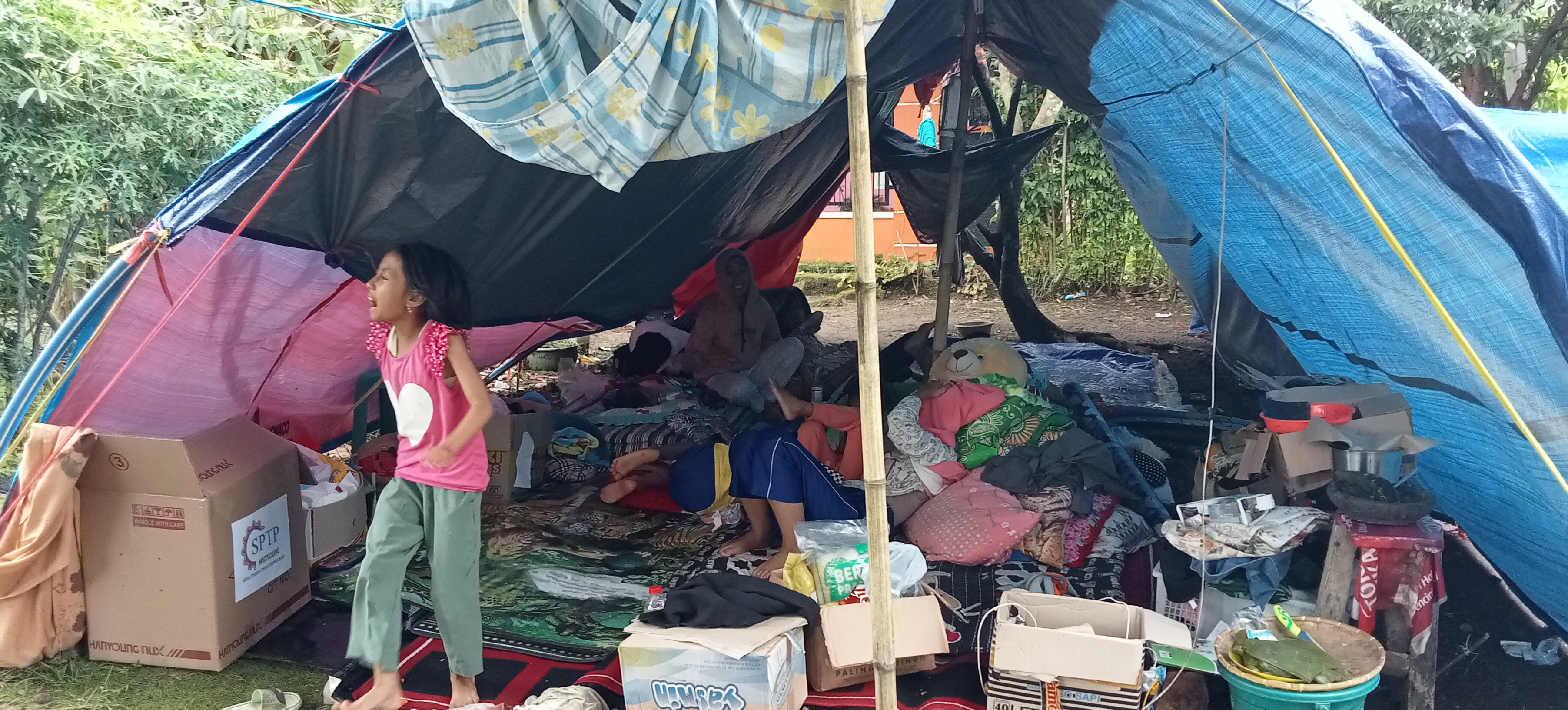 Lokasi pengungsian mandiri Desa Sukasari Kecamatan Cilaku Kabupaten Cianjur, Jawa Barat, berada di tengah sawah saat turun hujan terendam ai