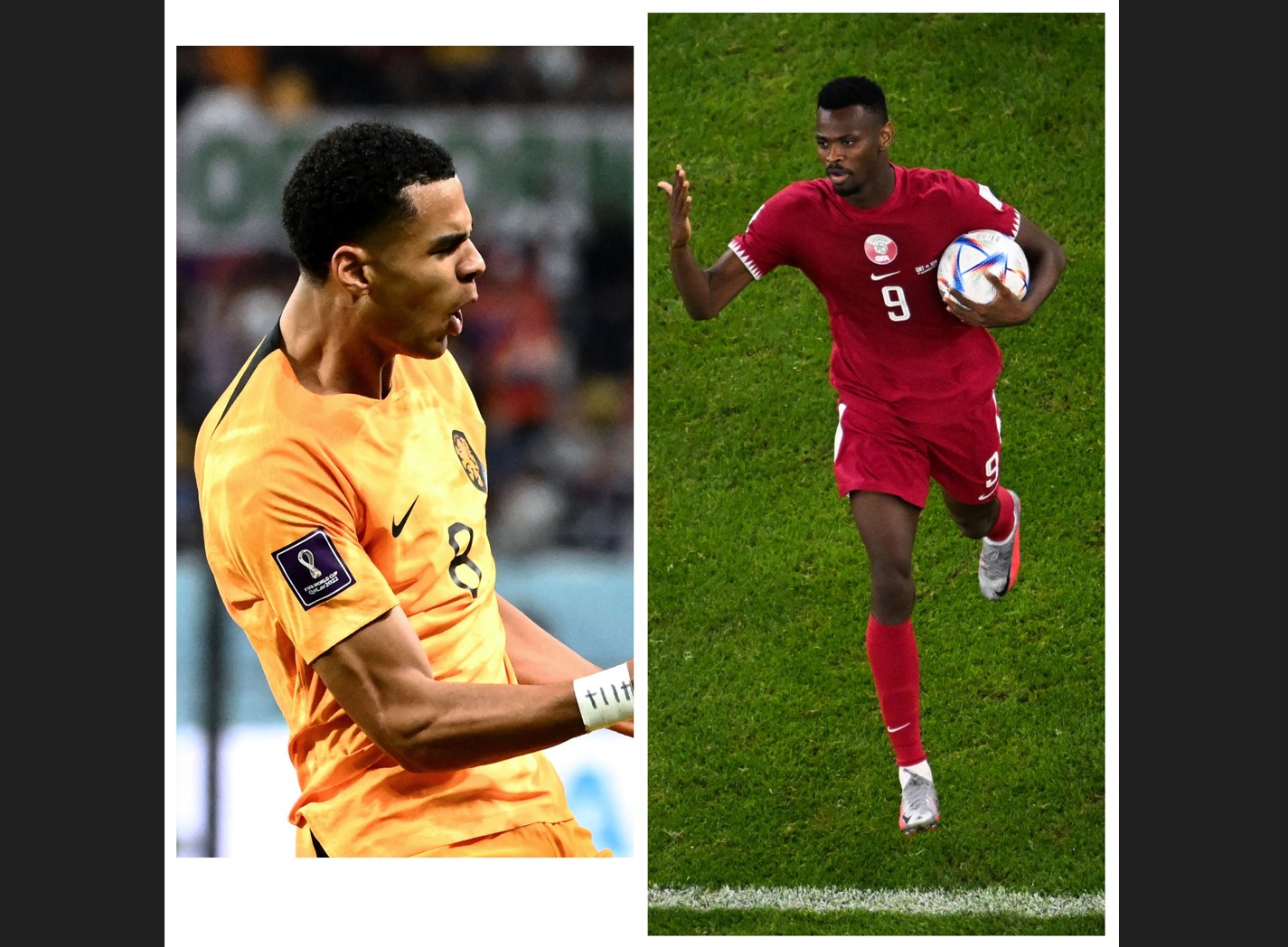 Penyerang Belanda Cody Gakpo dan pemain Qatar Mohammed Muntari
