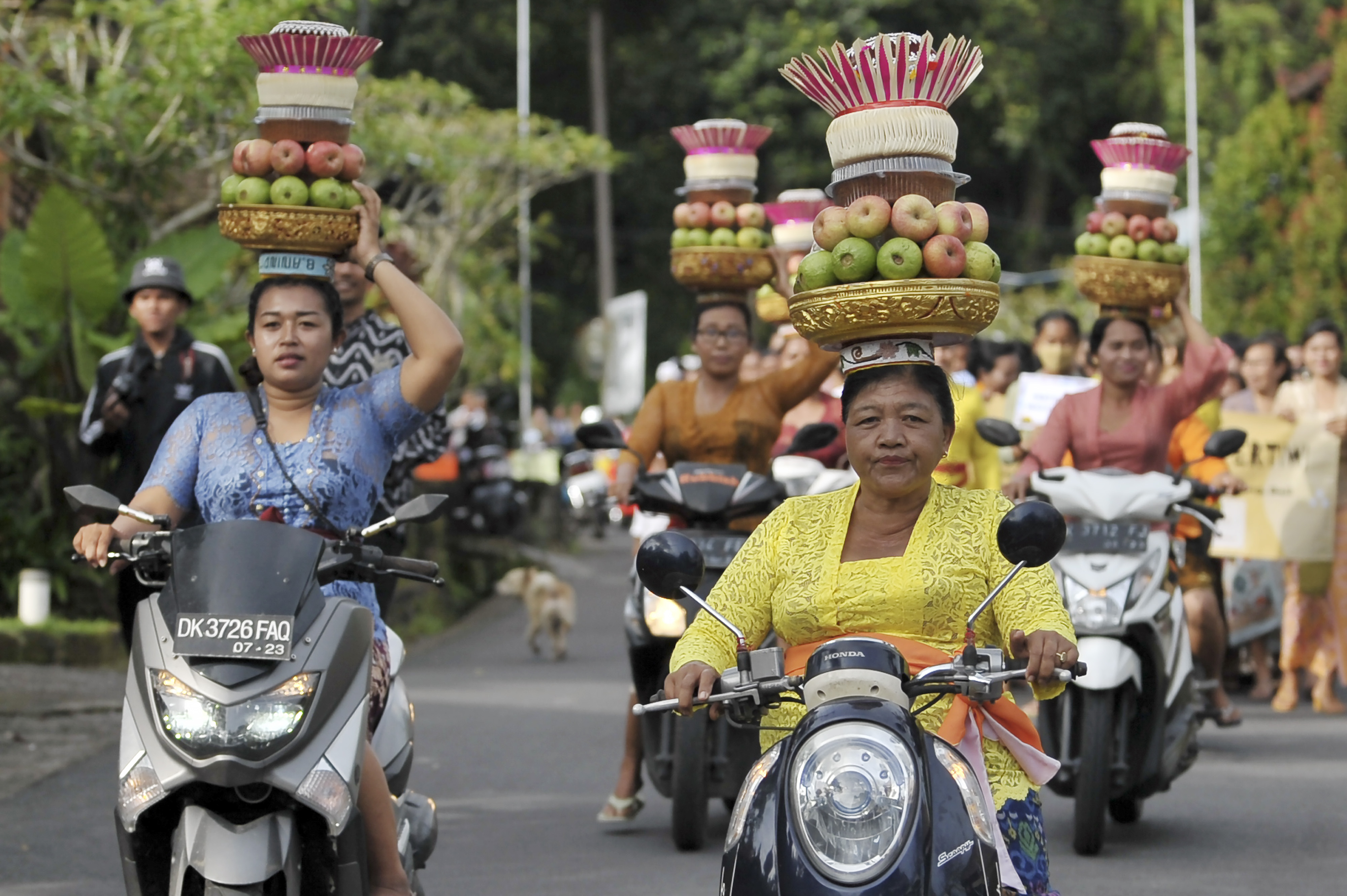 Sejumlah perempuan berkebaya di Bali mengendarai sepeda motor sambil membawa gebogan.