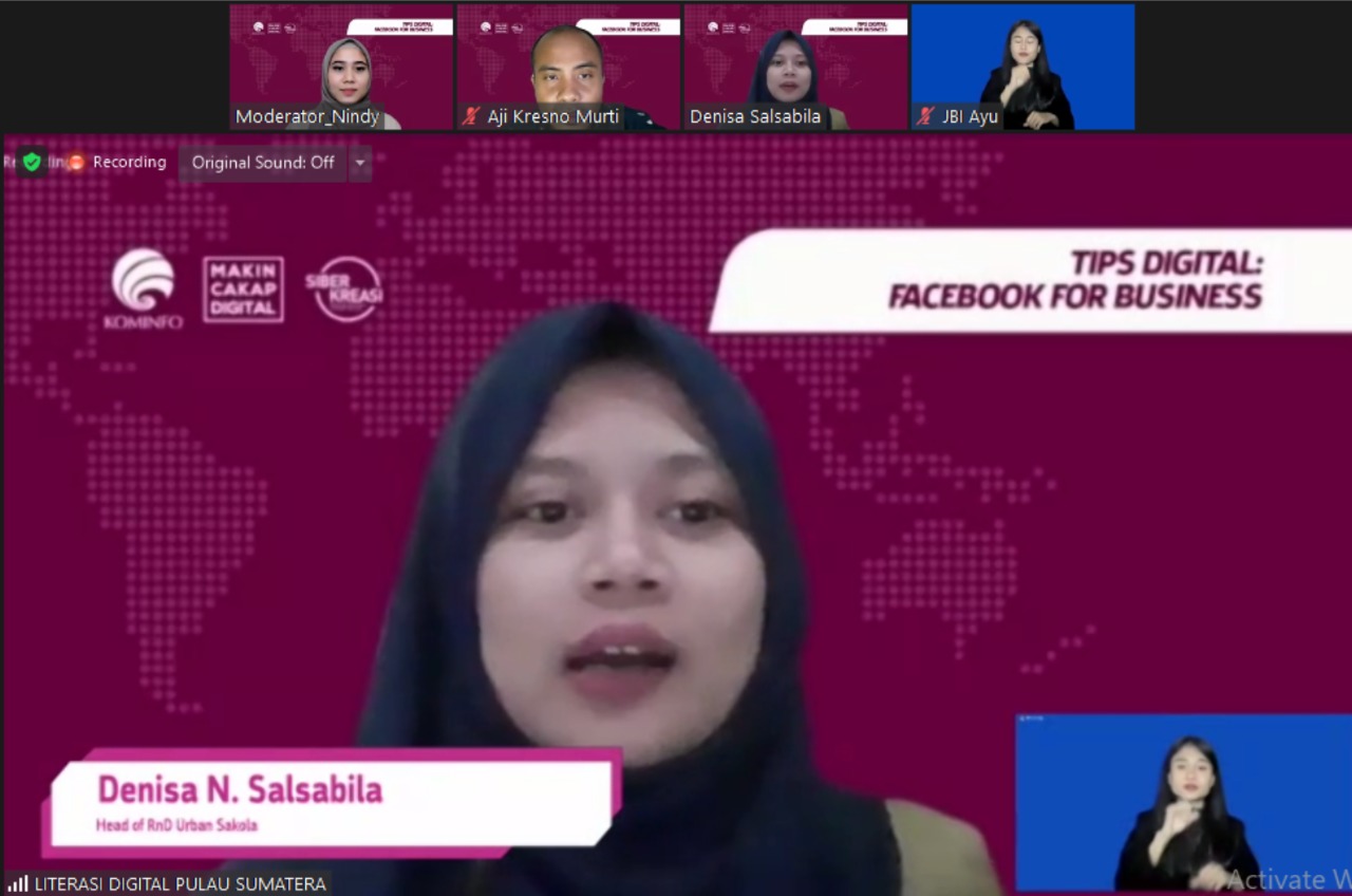 Tangkapan layar webinar literasi digital bertema Tips Digital: Facebook for Business yang digelar Kemenkominfo di Medan, Rabu (23/11).