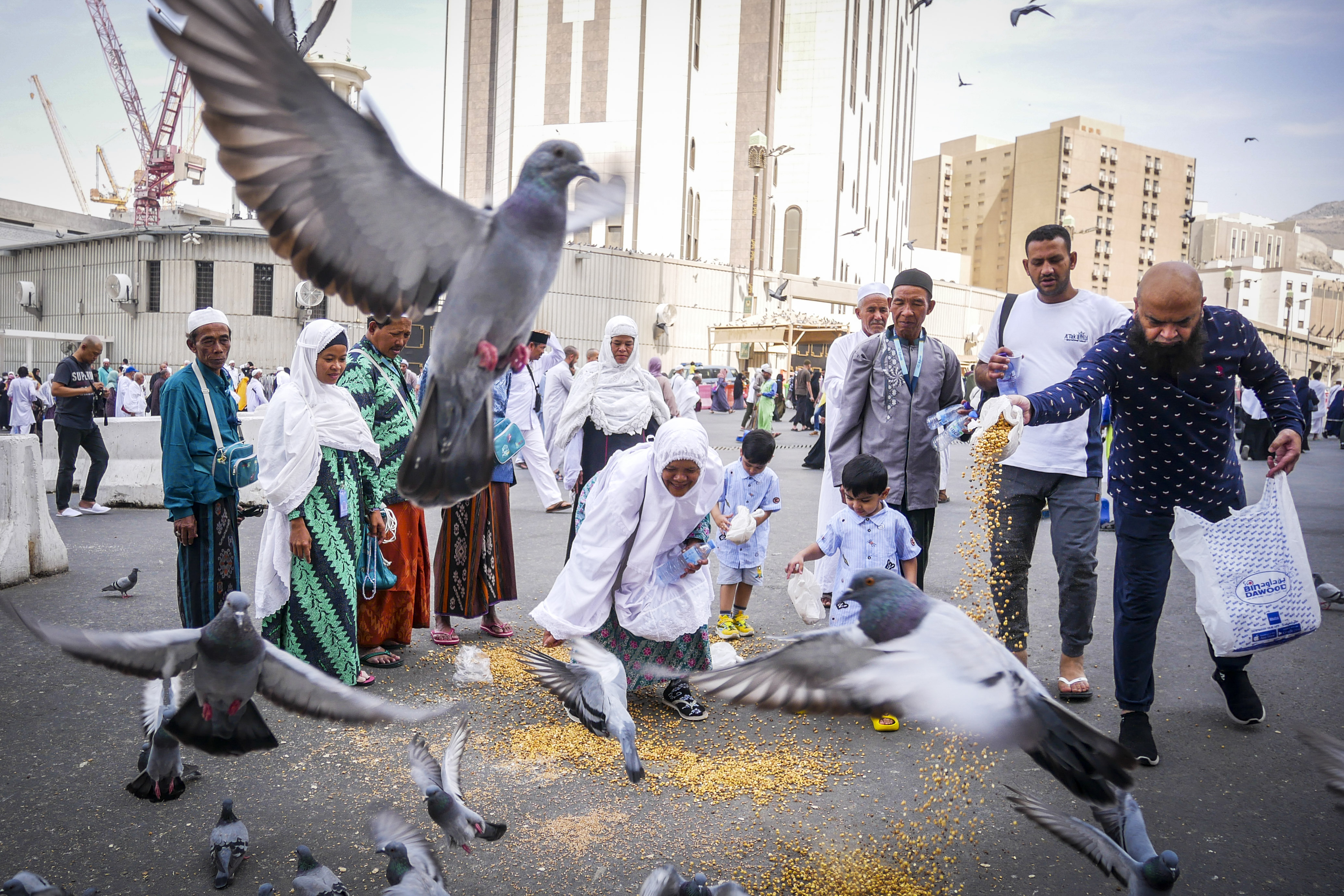 Umat Islam memberi makan burung usai melaksanakan sala zuhur di Masjidil Haram, Mekkah, Arab Saudi, Kamis (27/10/2022)